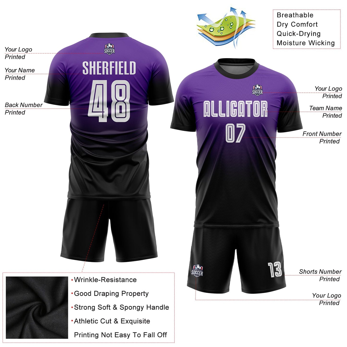 Custom Purple White-Black Sublimation Fade Fashion Soccer Uniform Jersey view 7