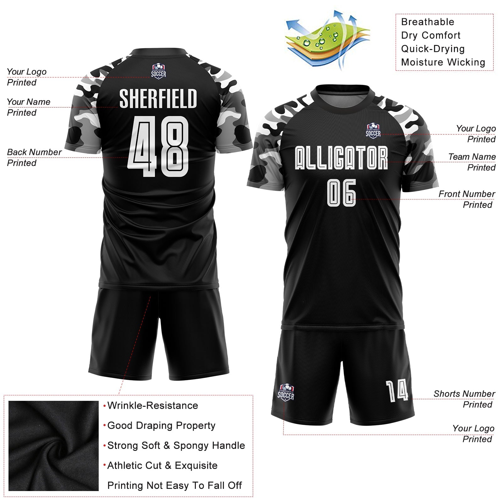 Custom Black White-Camo Sublimation Soccer Uniform Jersey view 5