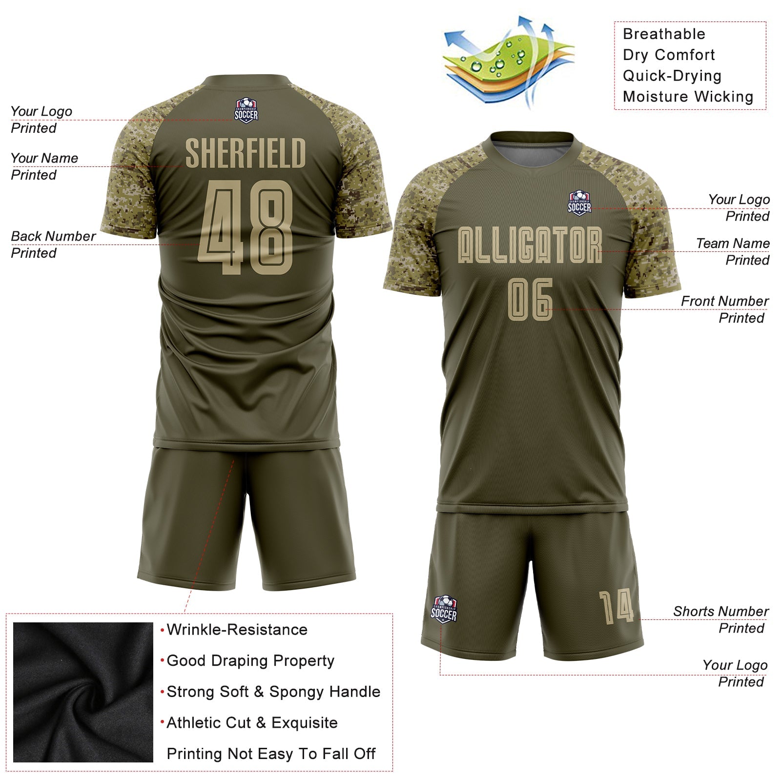 Custom Olive Vegas Gold-Camo Sublimation Salute To Service Soccer Uniform Jersey view 3