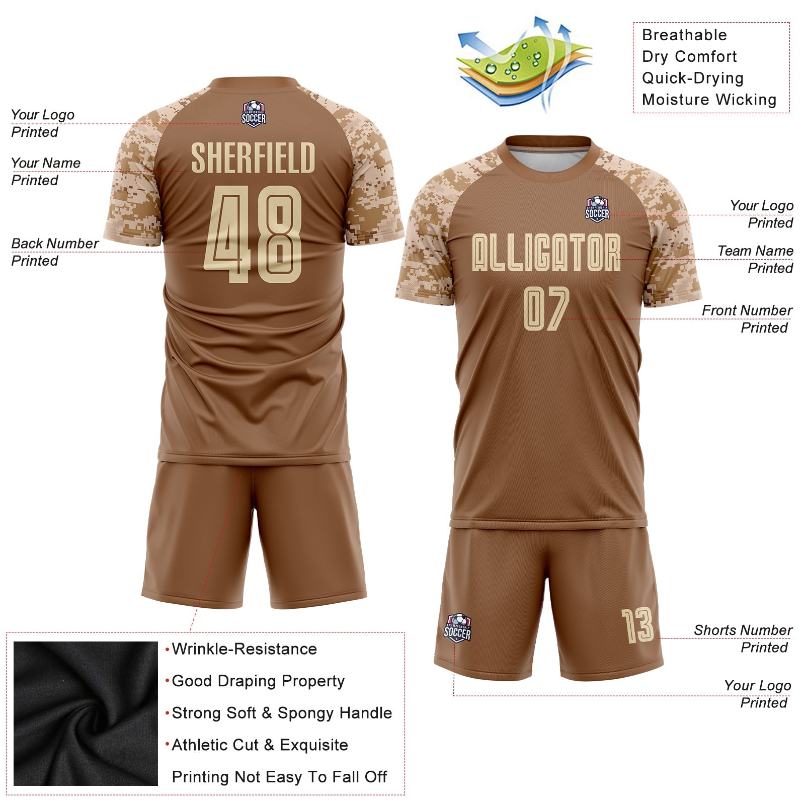 Custom Brown Cream-Camo Sublimation Soccer Uniform Jersey view 3
