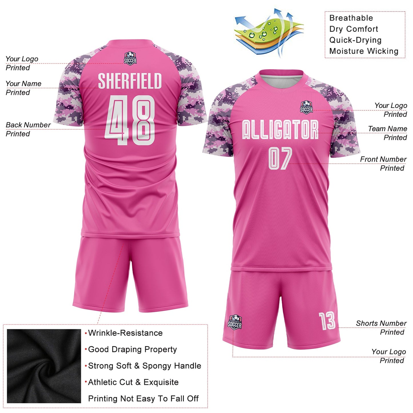 Custom Pink White-Camo Sublimation Soccer Uniform Jersey view 5