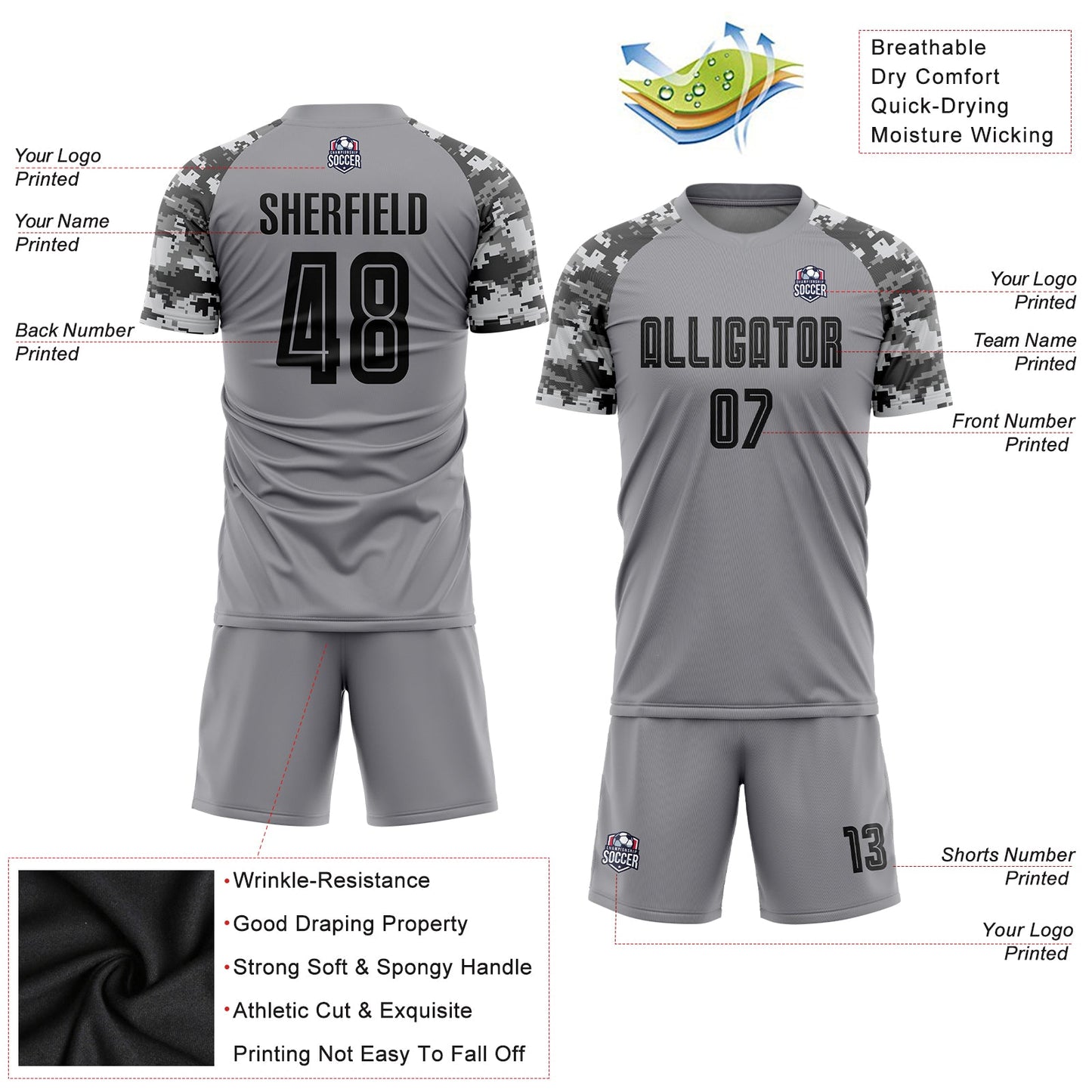 Custom Gray Black-Camo Sublimation Soccer Uniform Jersey view 6