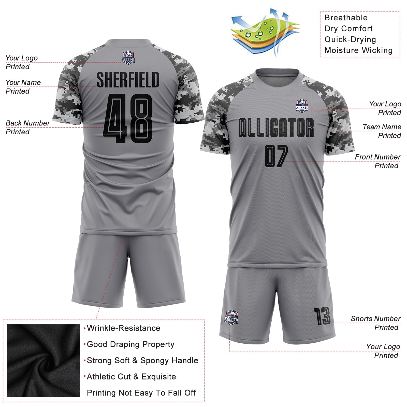Custom Gray Black-Camo Sublimation Soccer Uniform Jersey view 6