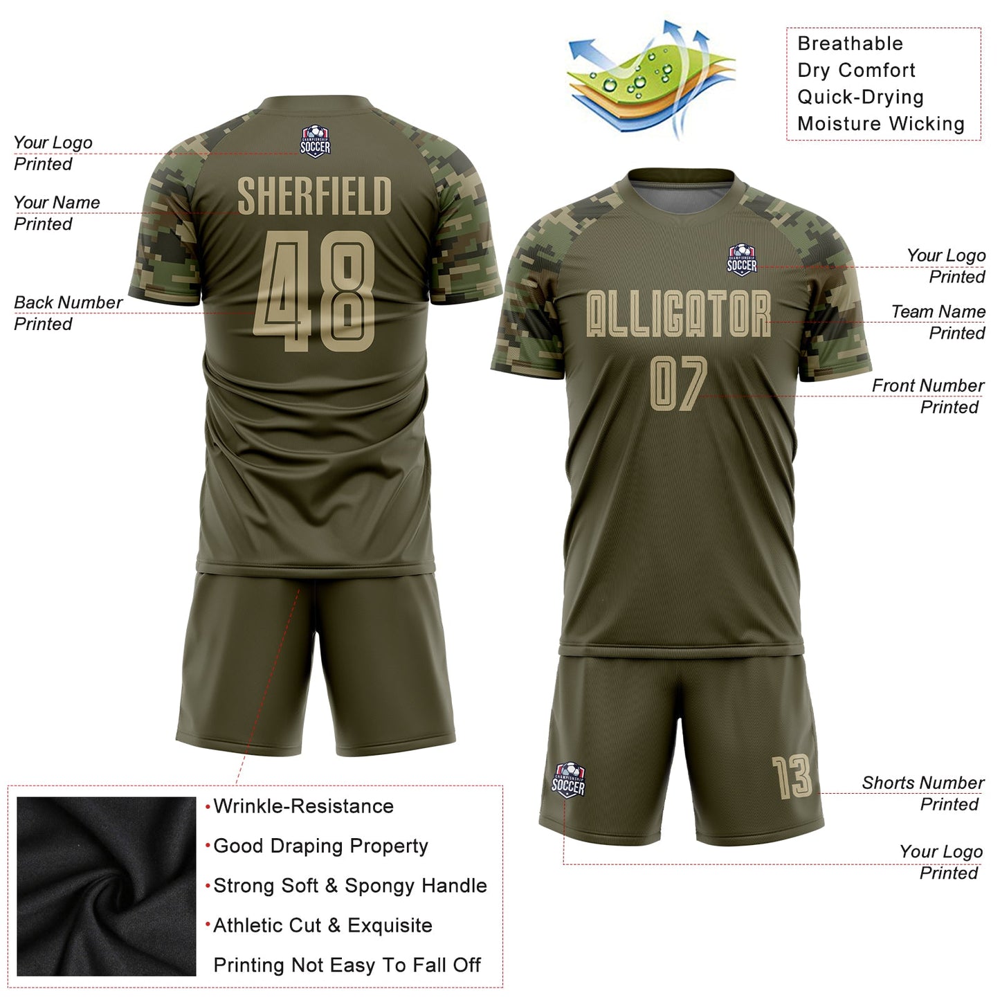 Custom Olive Vegas Gold-Camo Sublimation Salute To Service Soccer Uniform Jersey view 5