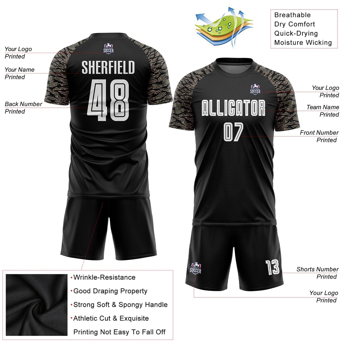 Custom Black White-Camo Sublimation Soccer Uniform Jersey view 3