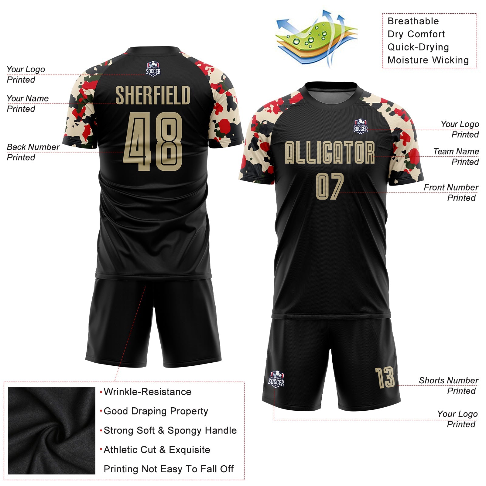 Custom Black Vegas Gold-Camo Sublimation Soccer Uniform Jersey view 3