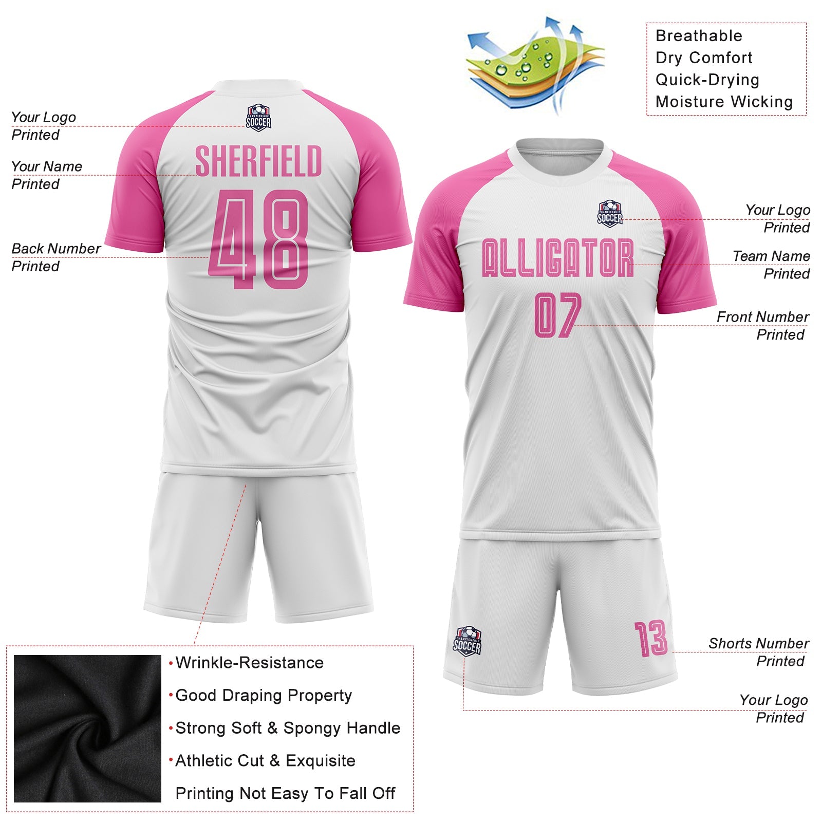 Custom White Pink Sublimation Soccer Uniform Jersey view 3