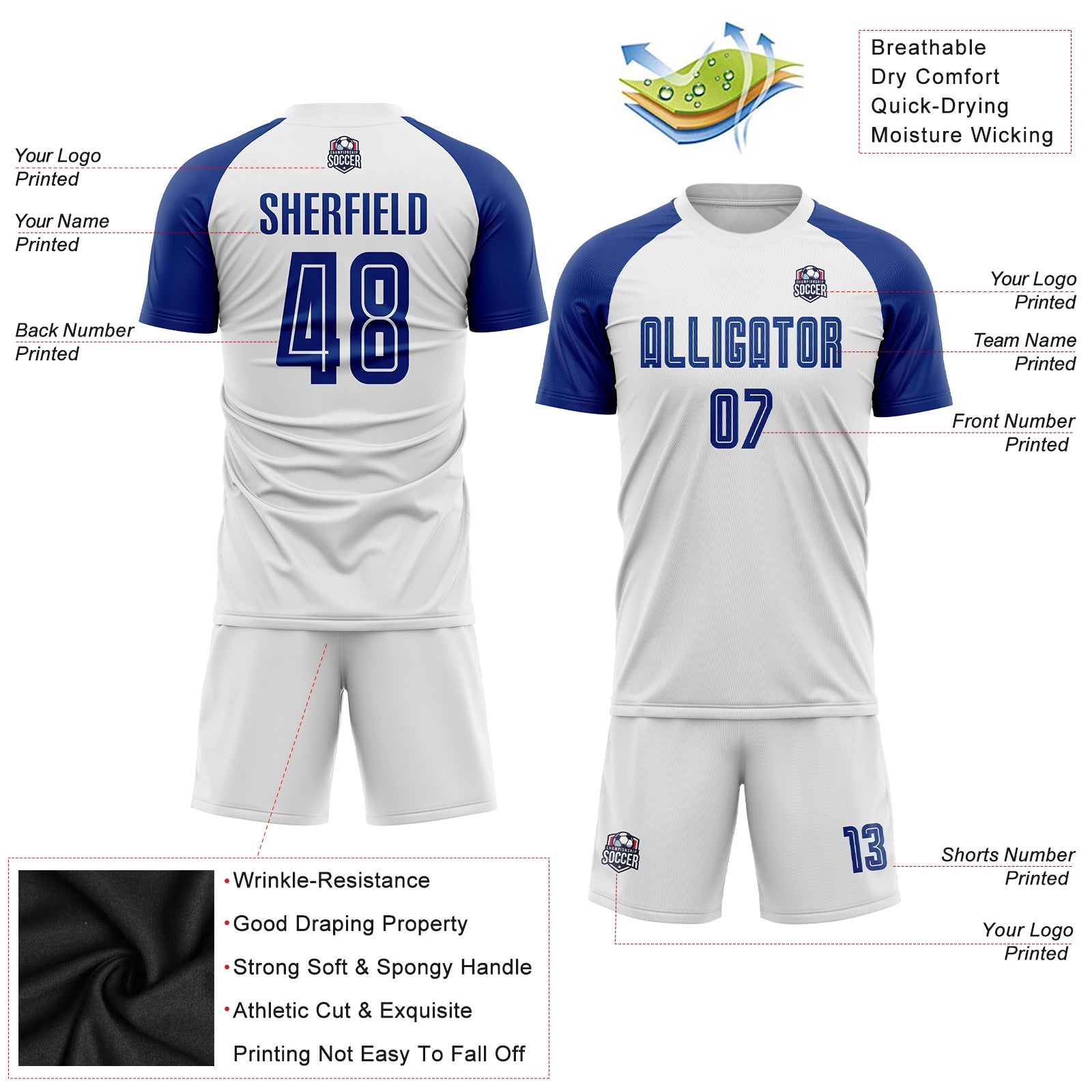 Custom White Royal Sublimation Soccer Uniform Jersey view 3