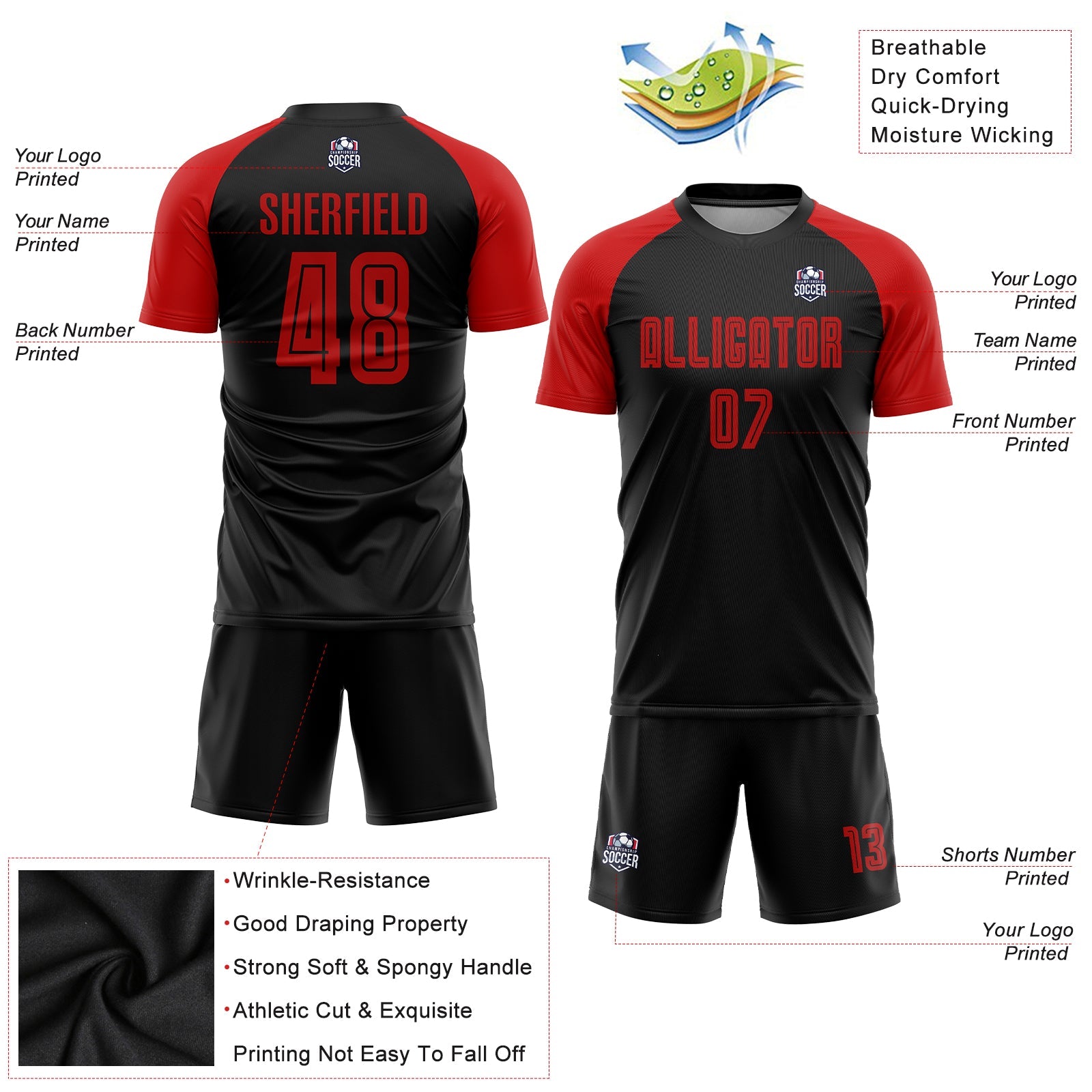 Custom Black Red Sublimation Soccer Uniform Jersey view 3
