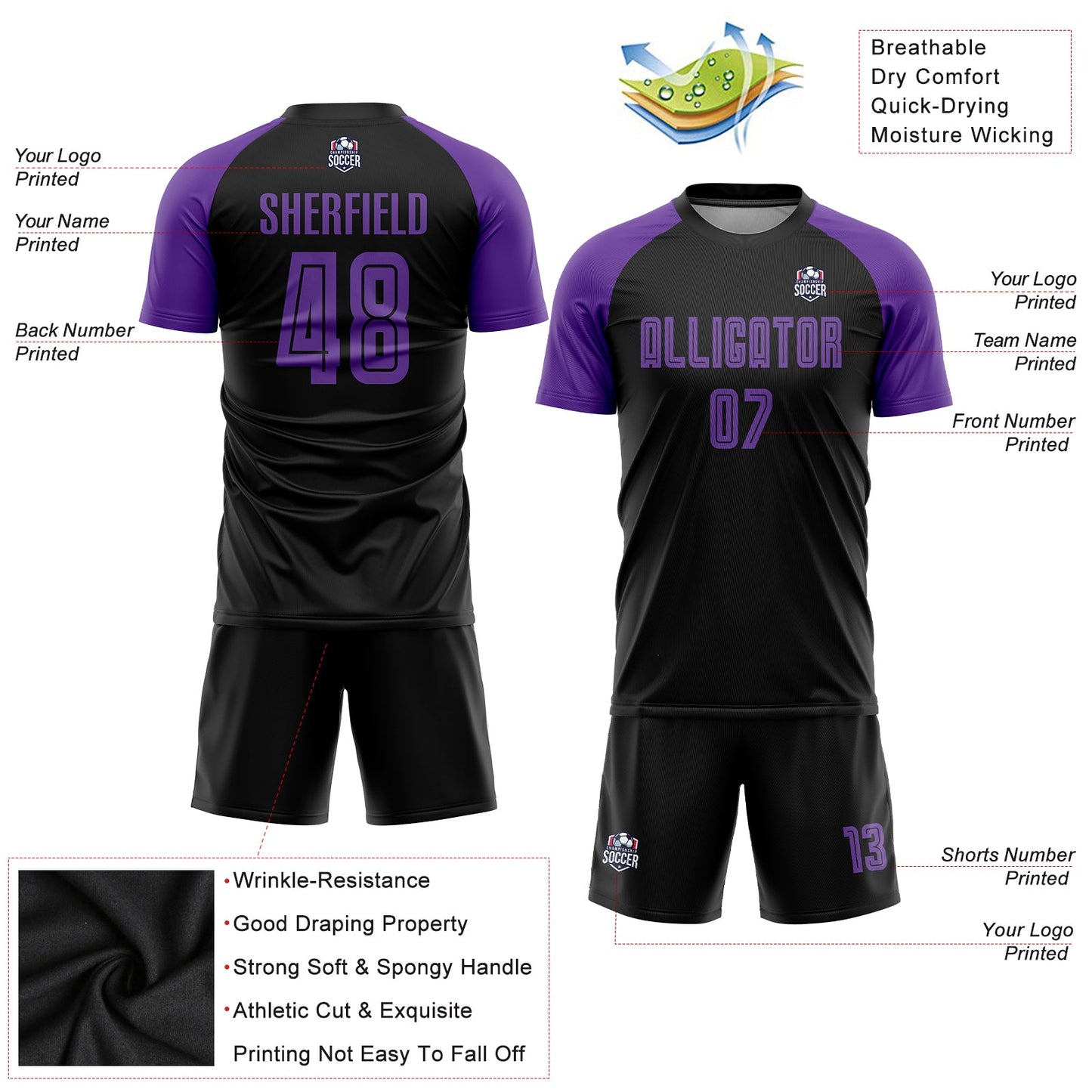 Custom Black Purple Sublimation Soccer Uniform Jersey view 3