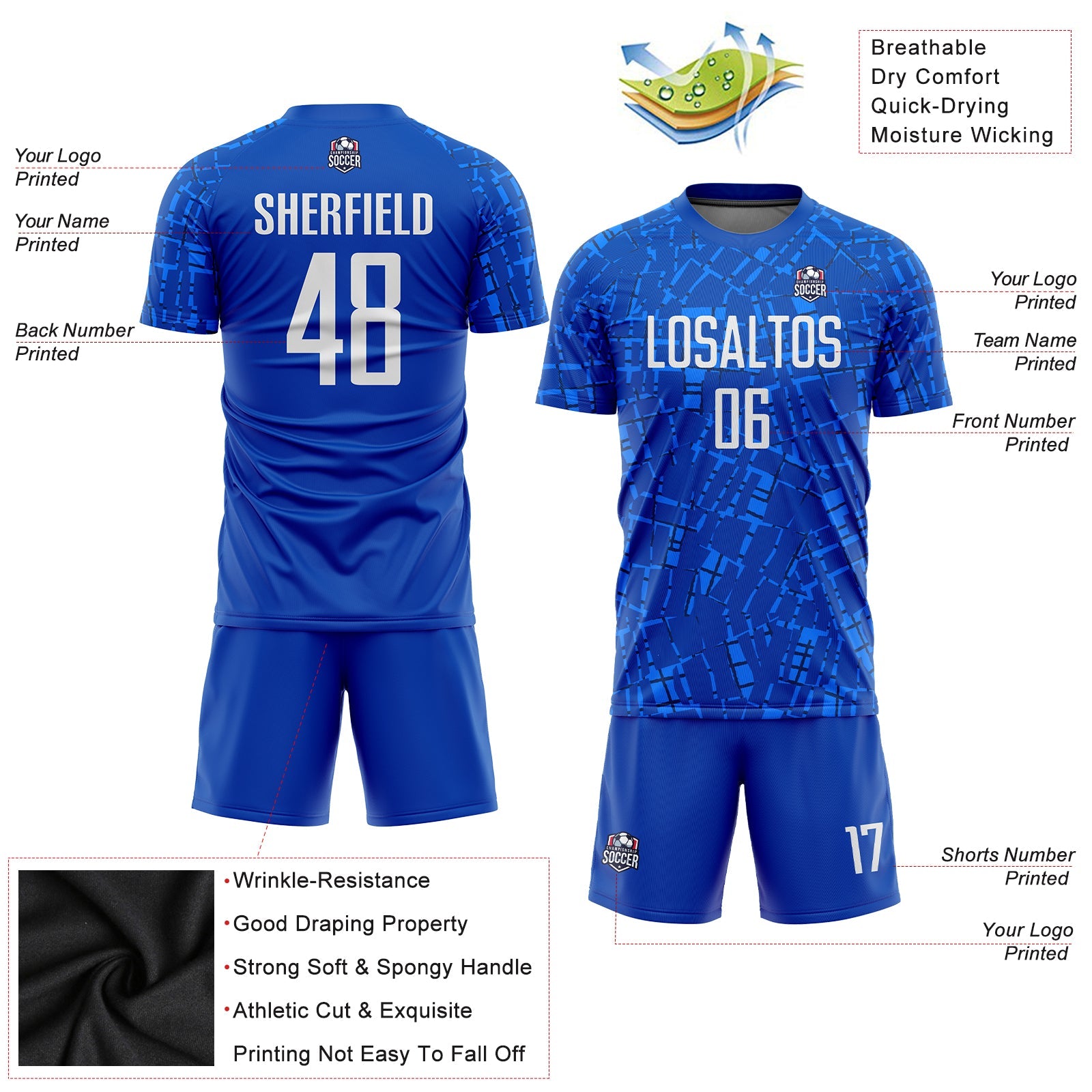 Custom Royal White Sublimation Soccer Uniform Jersey view 6