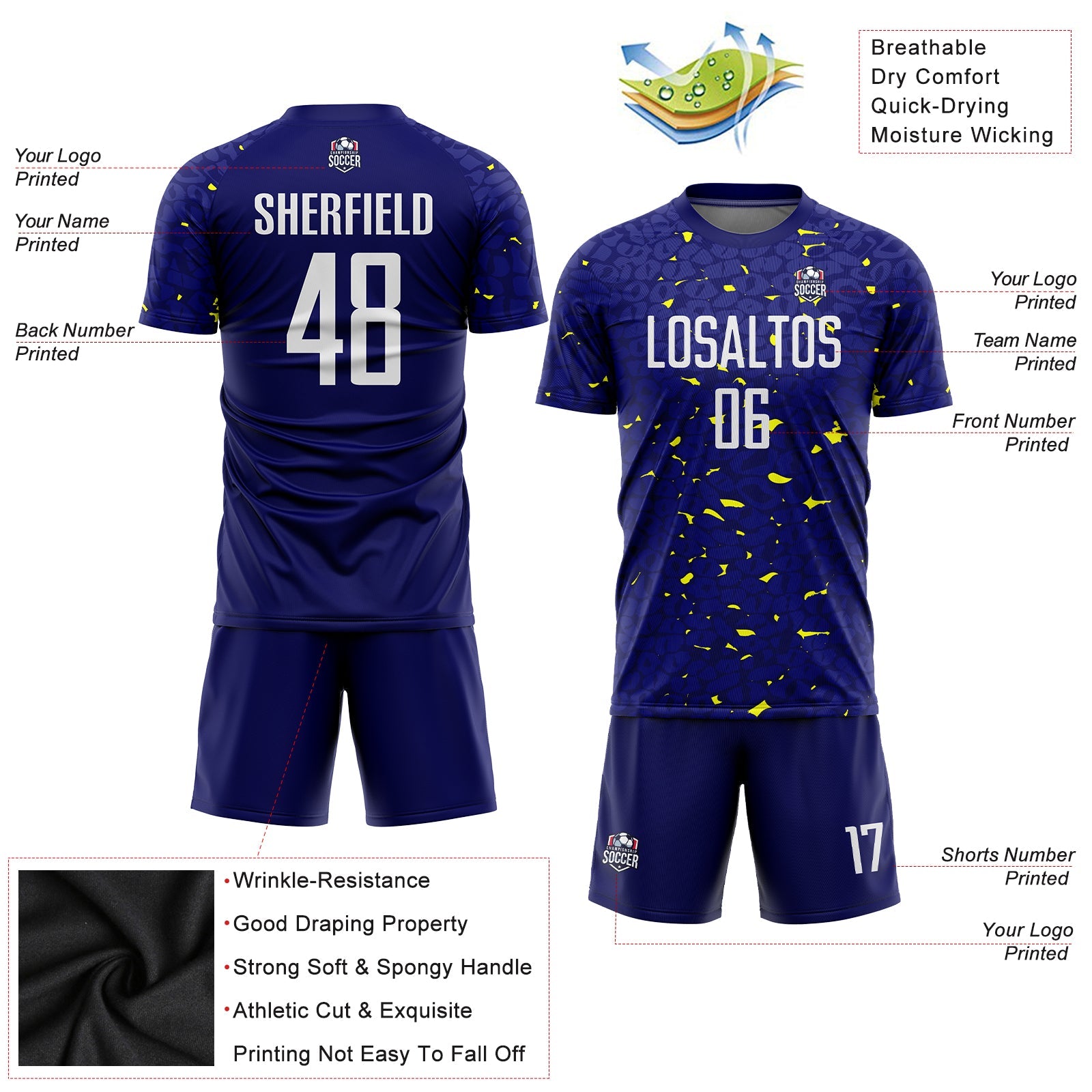 Custom Navy White-Gold Sublimation Soccer Uniform Jersey view 3