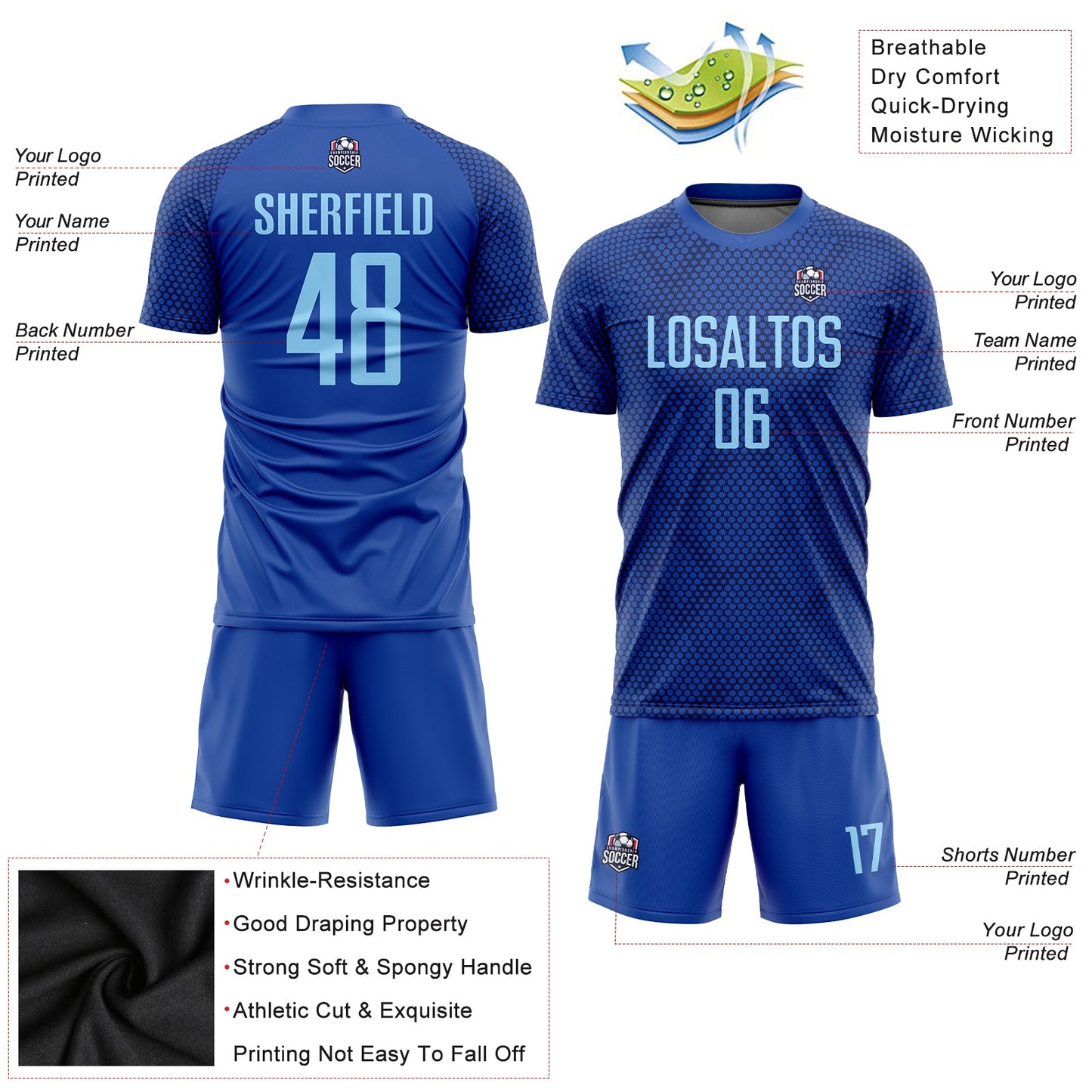 Custom Royal Light Blue Sublimation Soccer Uniform Jersey view 5