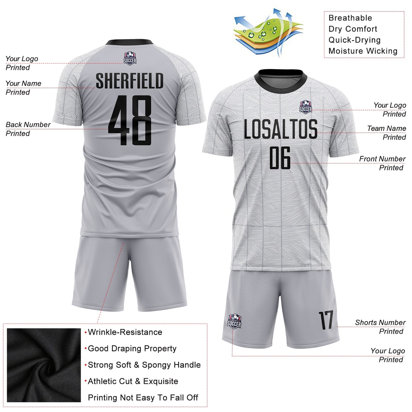 Custom Gray Black-White Sublimation Soccer Uniform Jersey view 3
