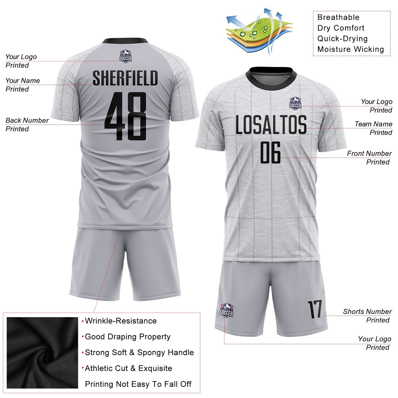 Custom Gray Black-White Sublimation Soccer Uniform Jersey view 3