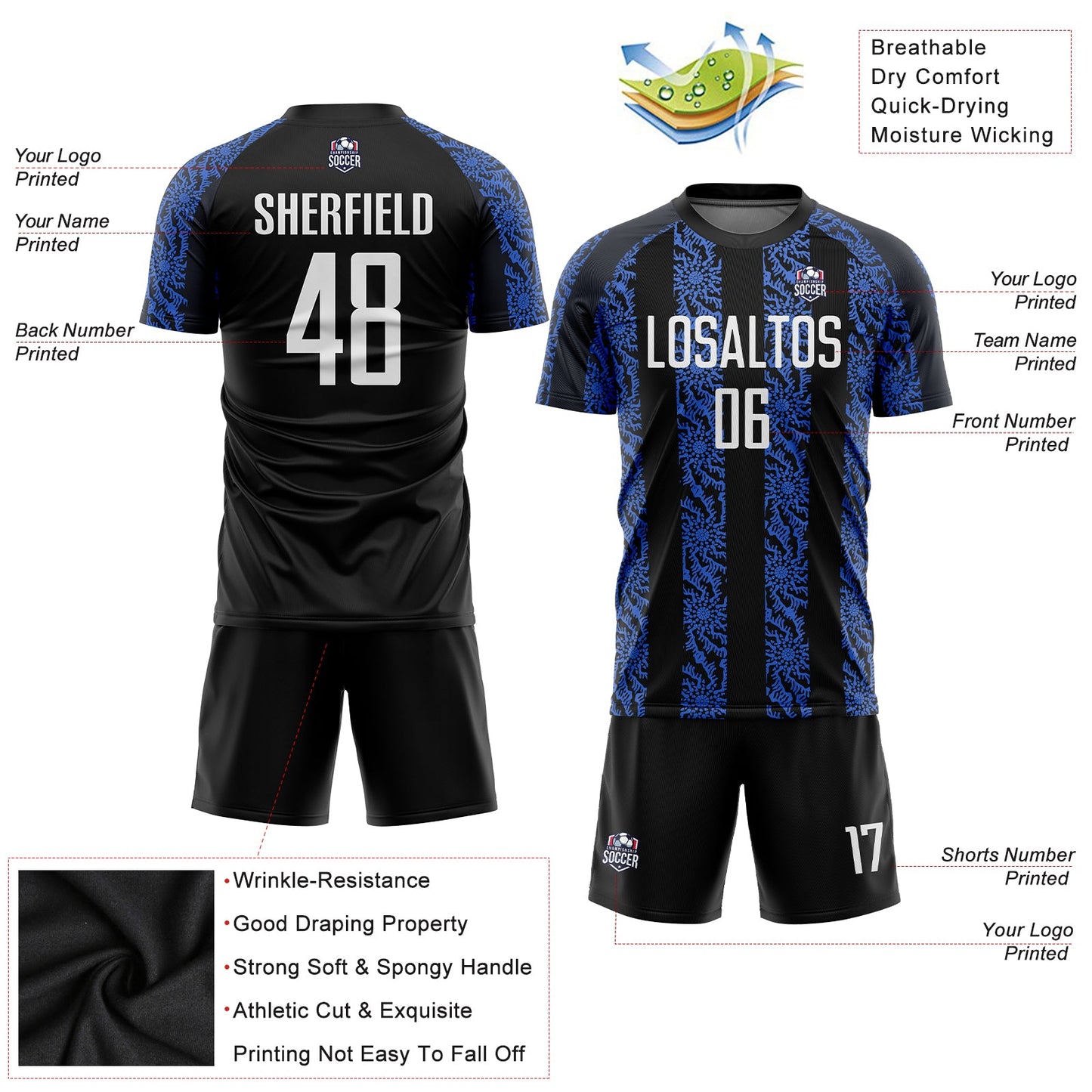 Custom Black White-Royal Sublimation Soccer Uniform Jersey view 5