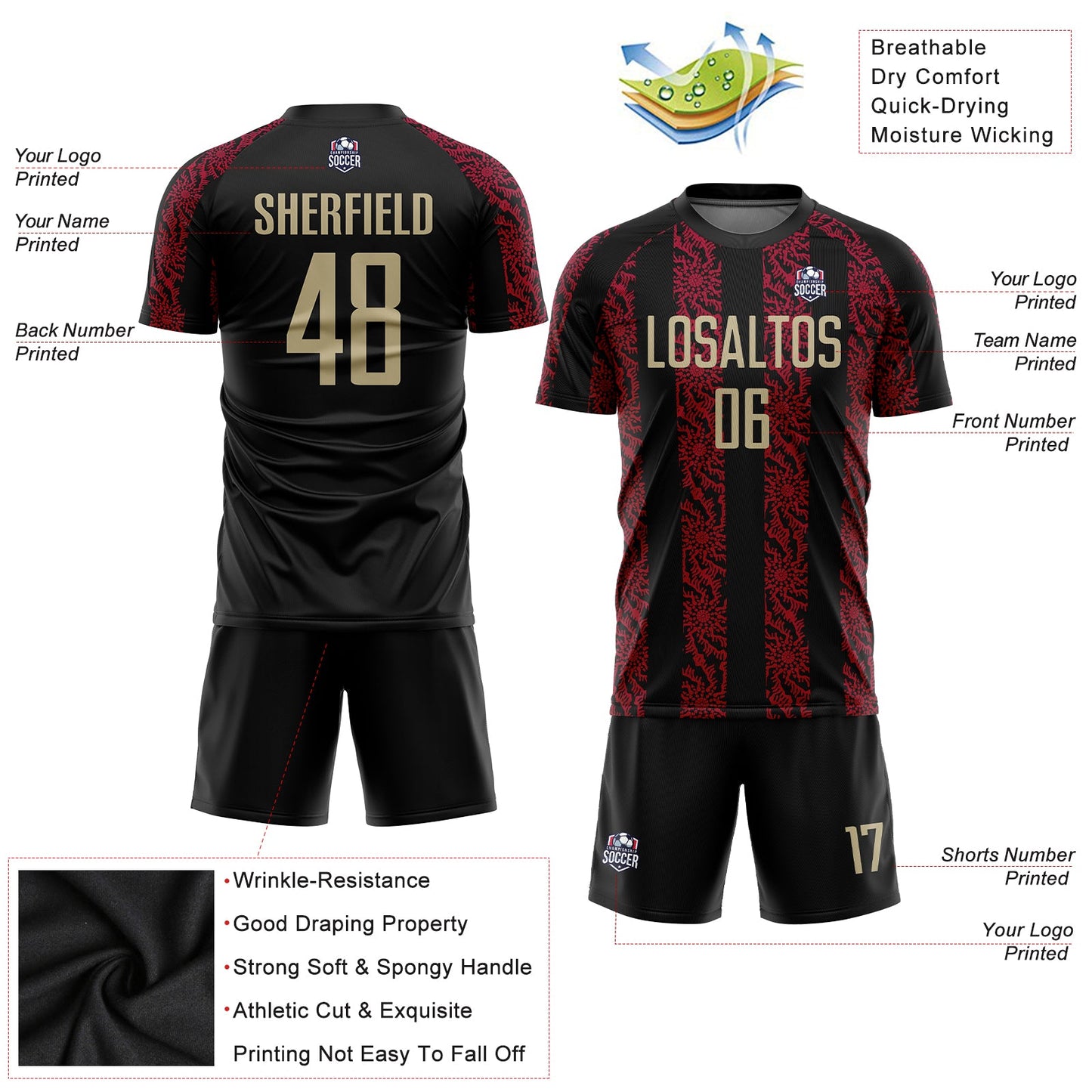 Custom Black Vegas Gold-Red Sublimation Soccer Uniform Jersey view 6