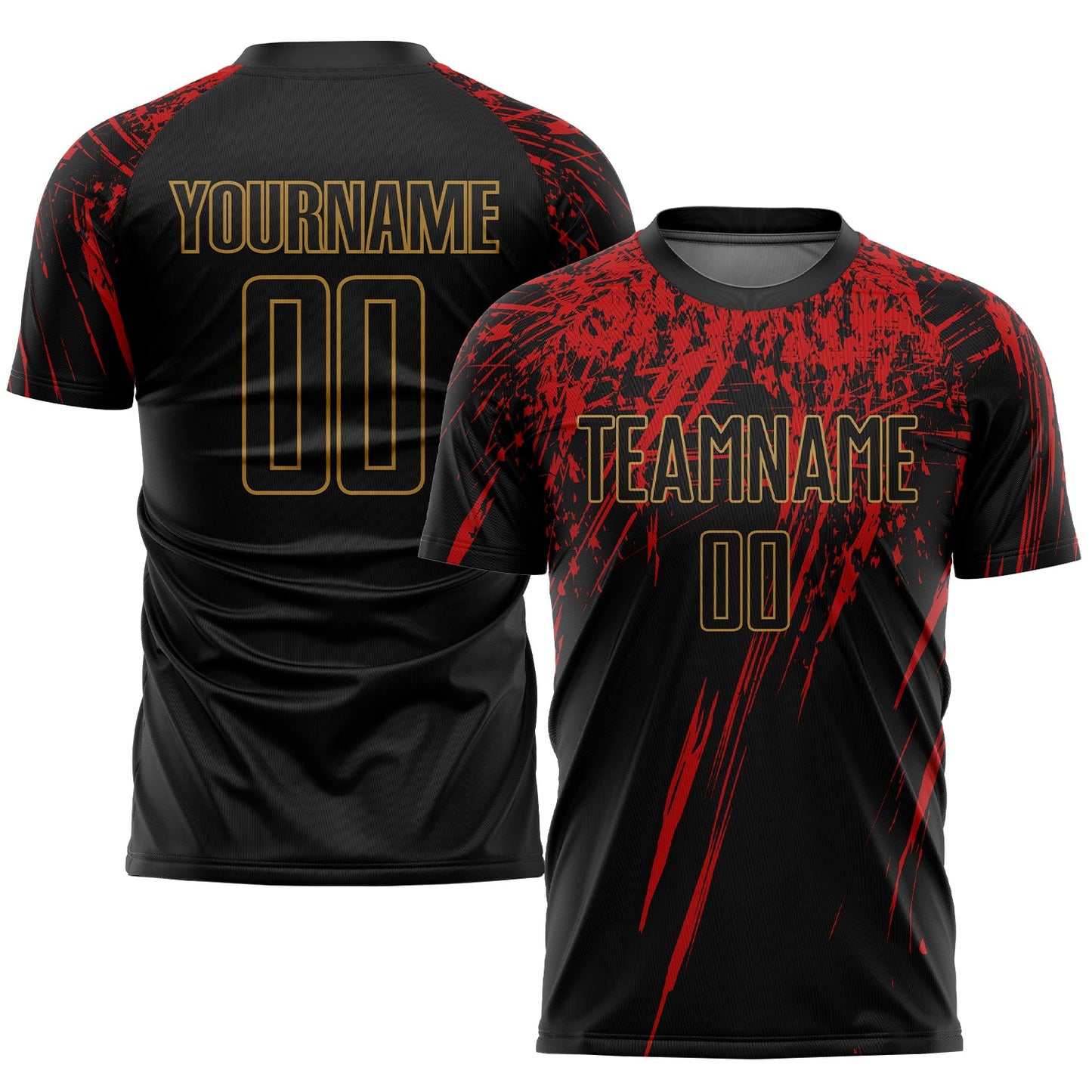Custom Black Black Old Gold-Red Sublimation Soccer Uniform Jersey - Main View