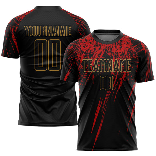 Custom Black Black Old Gold-Red Sublimation Soccer Uniform Jersey - Main View