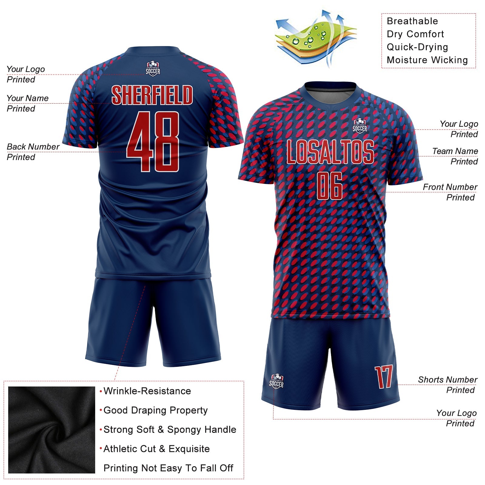 Custom Navy Red-White Sublimation Soccer Uniform Jersey view 3