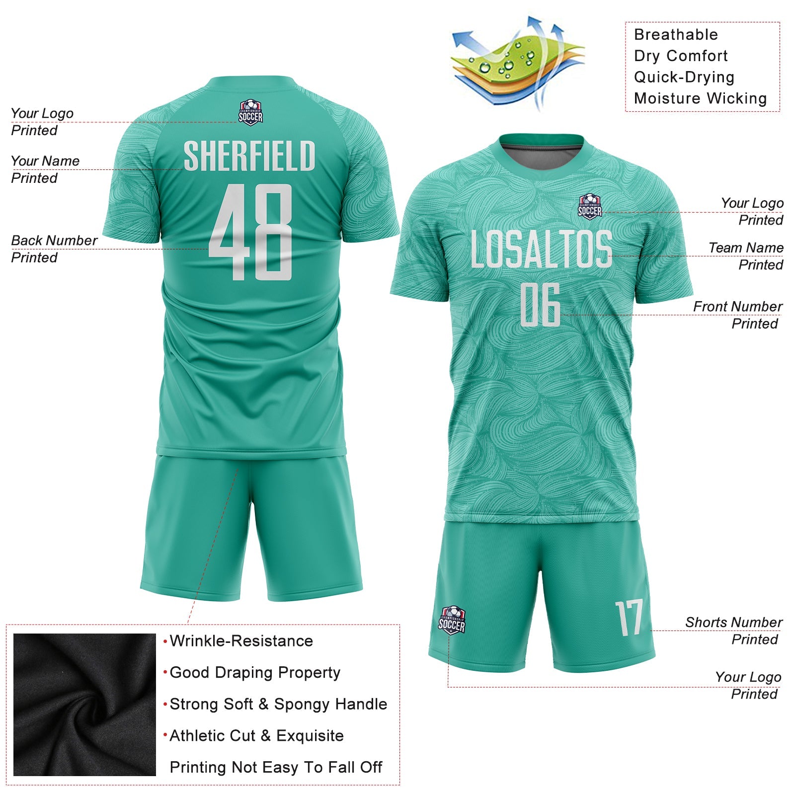 Custom Aqua White Sublimation Soccer Uniform Jersey view 6