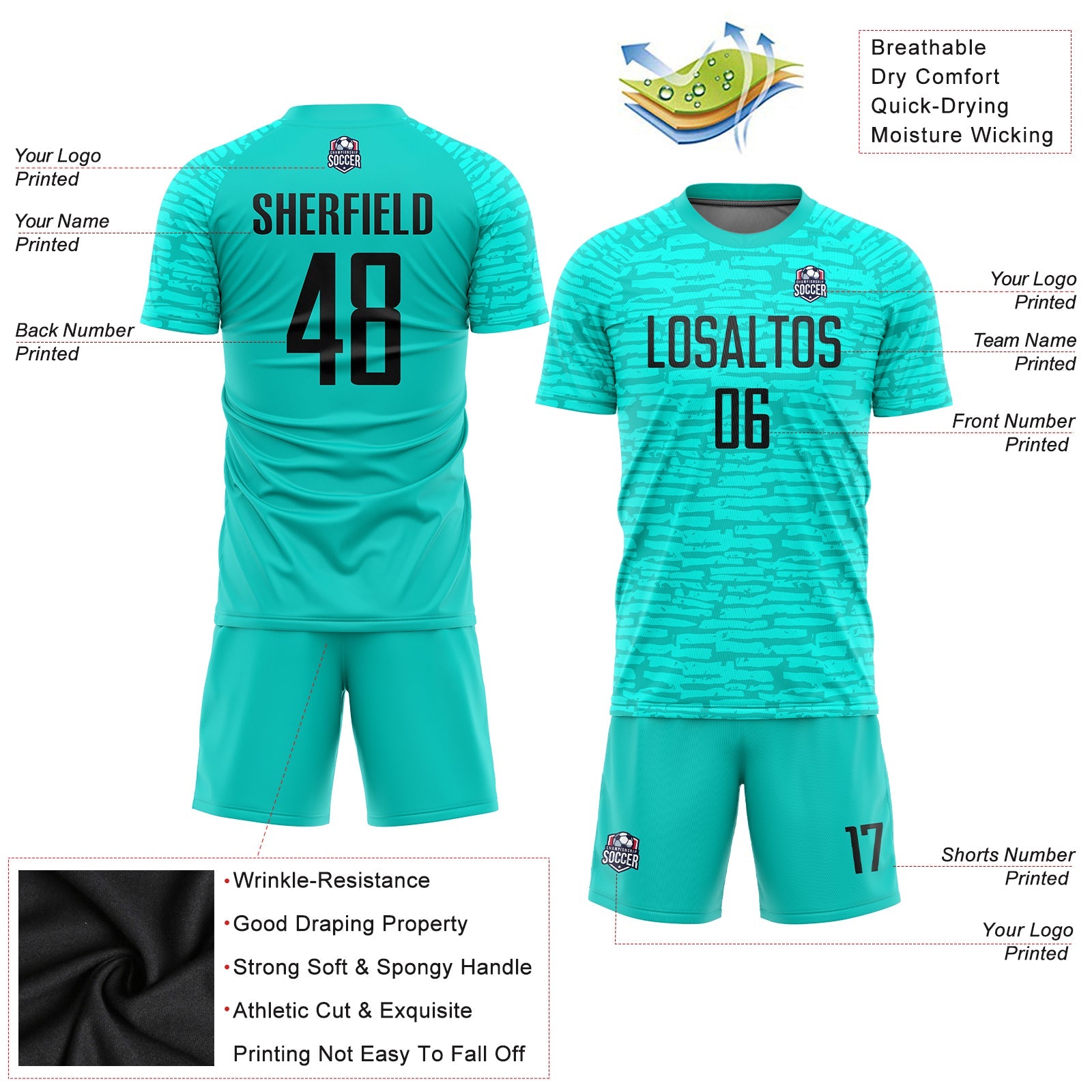 Custom Aqua Black Sublimation Soccer Uniform Jersey view 5