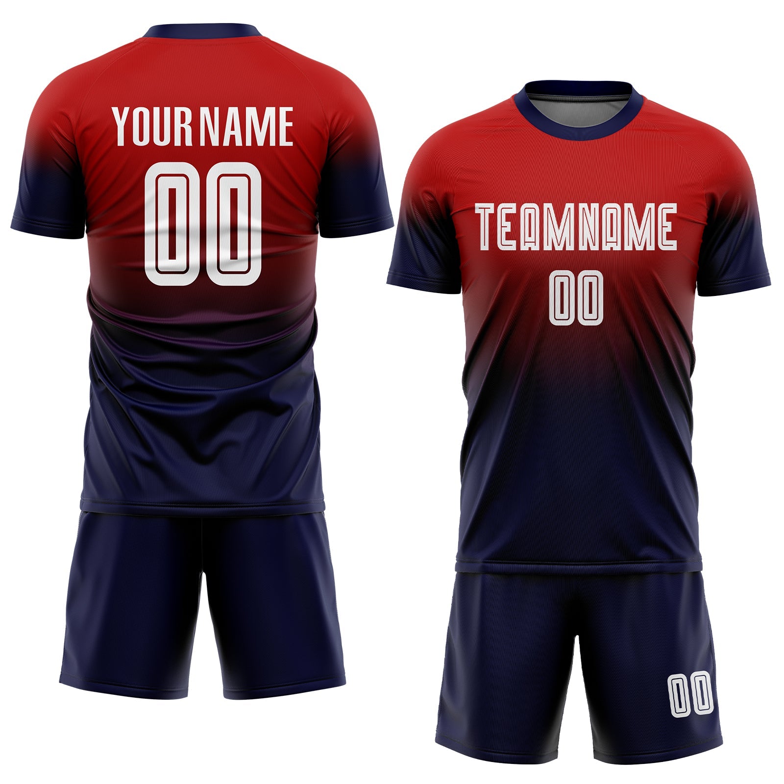 Custom Red White-Navy Sublimation Fade Fashion Soccer Uniform Jersey view 2