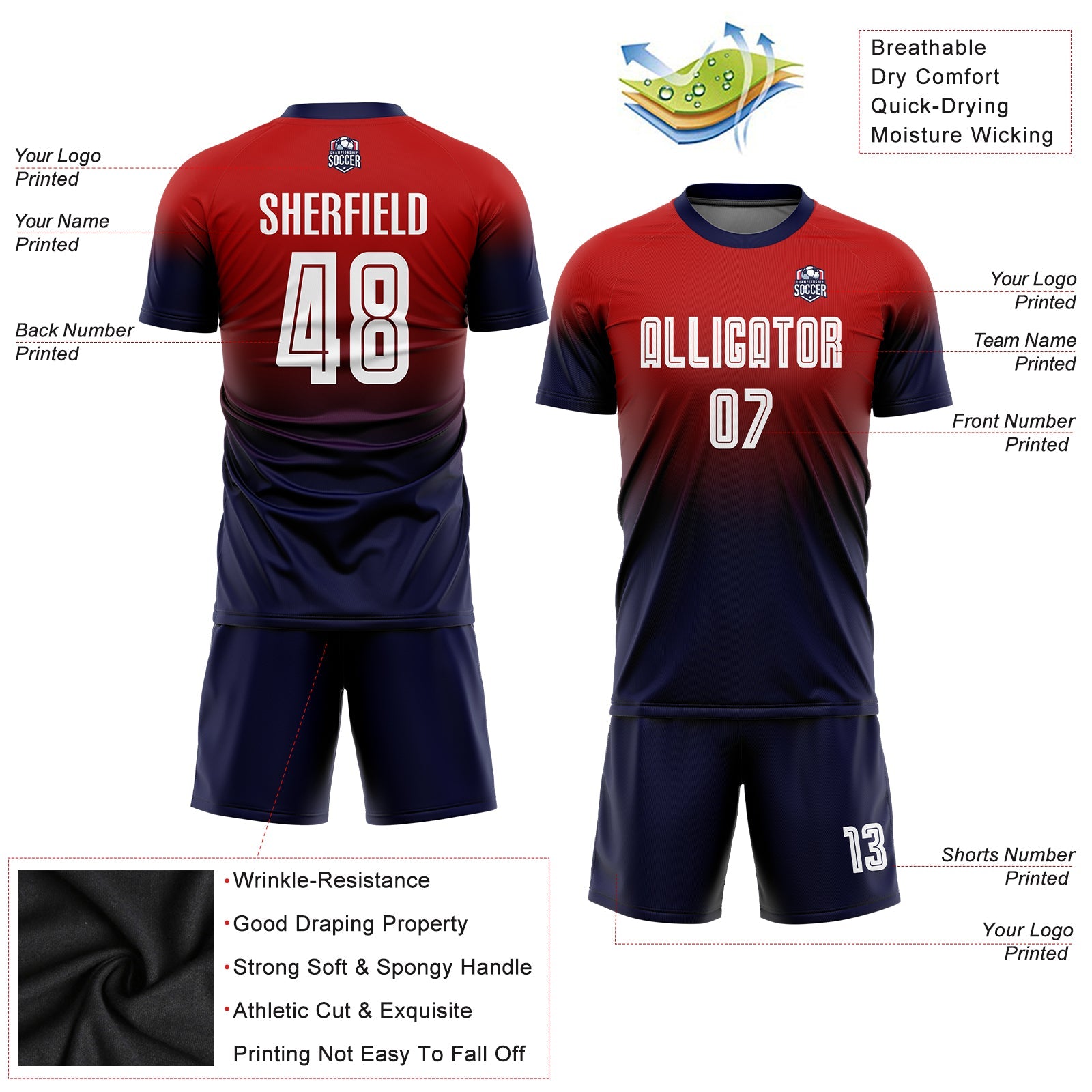 Custom Red White-Navy Sublimation Fade Fashion Soccer Uniform Jersey view 3
