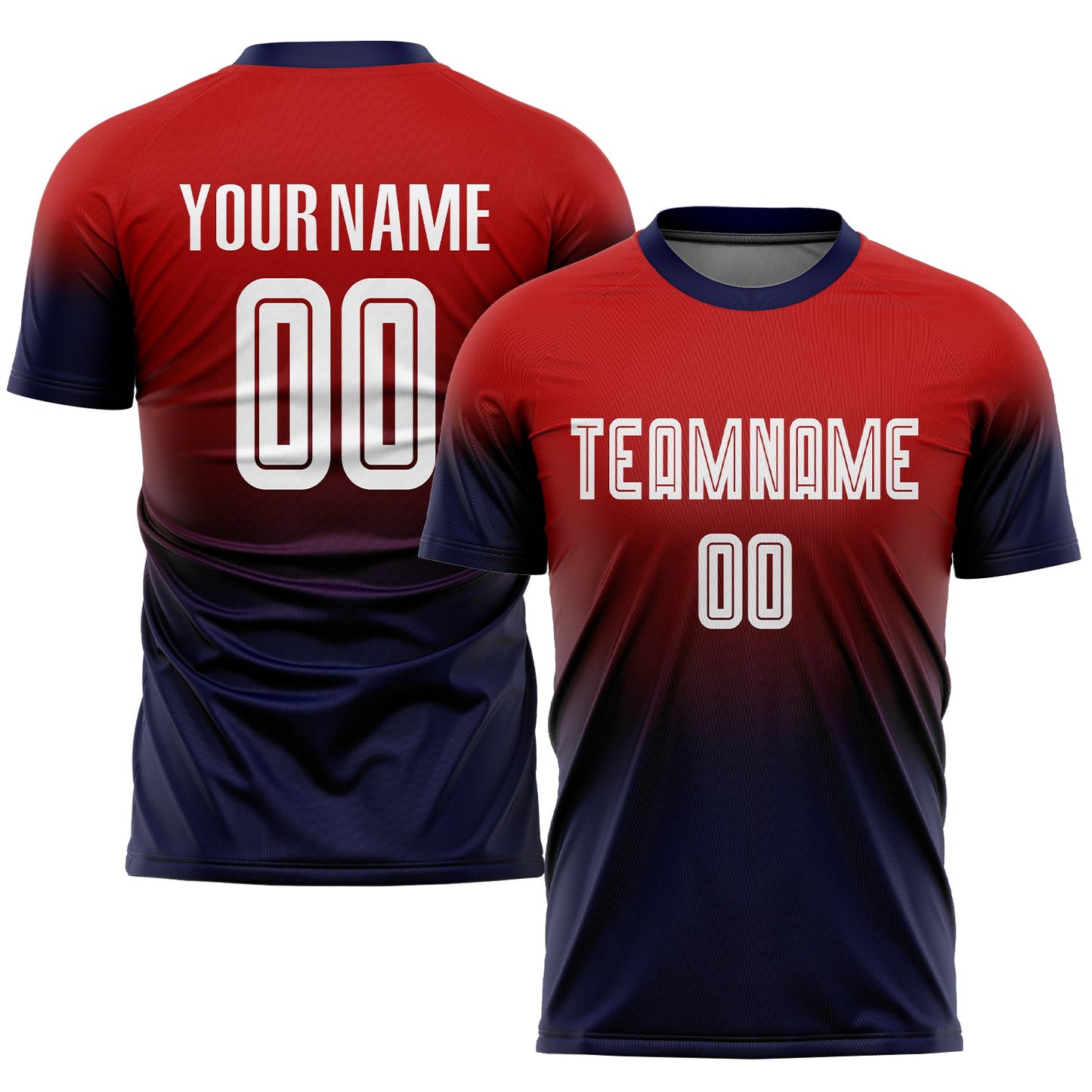 Custom Red White-Navy Sublimation Fade Fashion Soccer Uniform Jersey - Main View