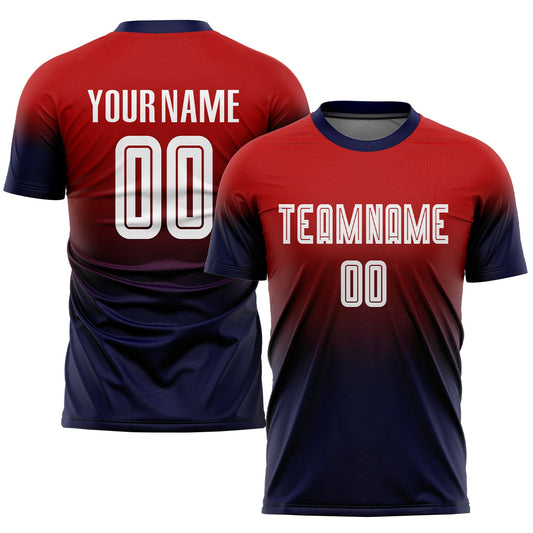 Custom Red White-Navy Sublimation Fade Fashion Soccer Uniform Jersey - Main View