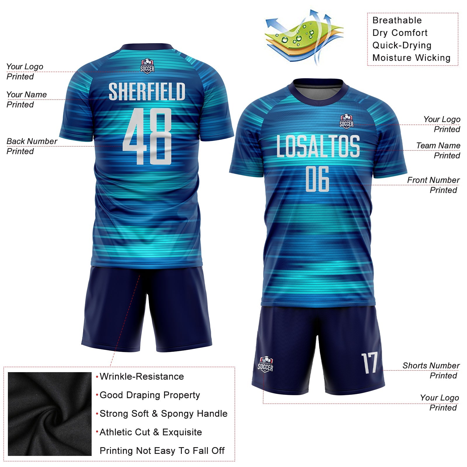 Custom Light Blue White-Black Sublimation Soccer Uniform Jersey view 3