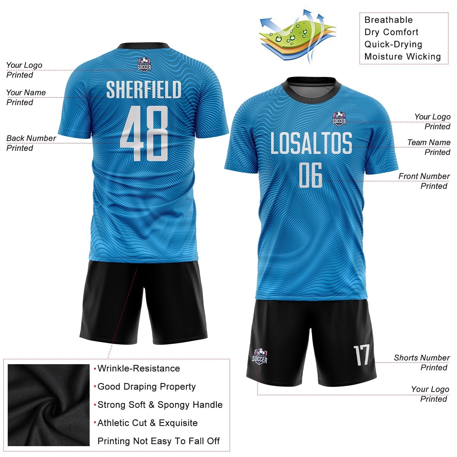 Custom Light Blue White-Black Sublimation Soccer Uniform Jersey view 5