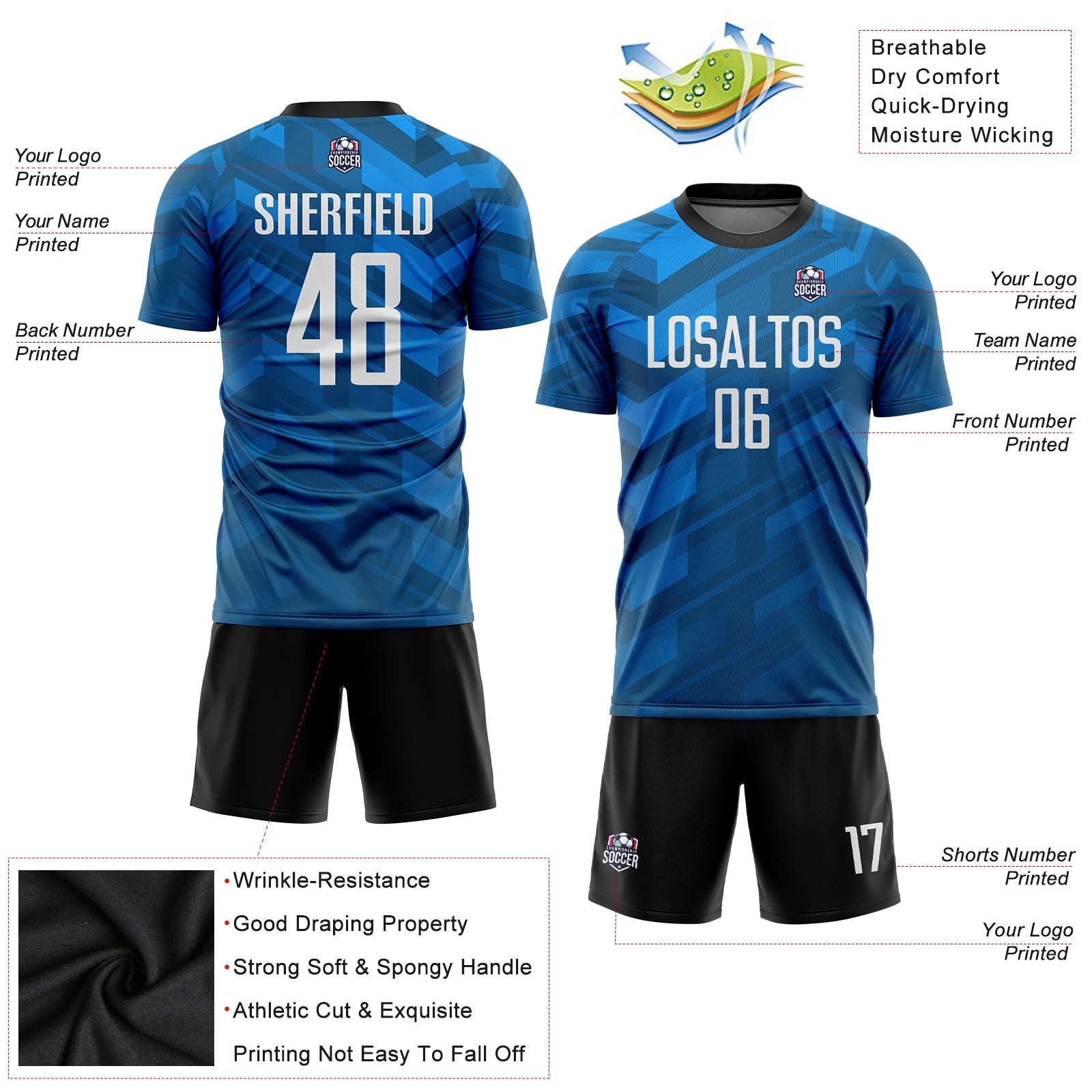 Custom Light Blue White-Black Sublimation Soccer Uniform Jersey view 3
