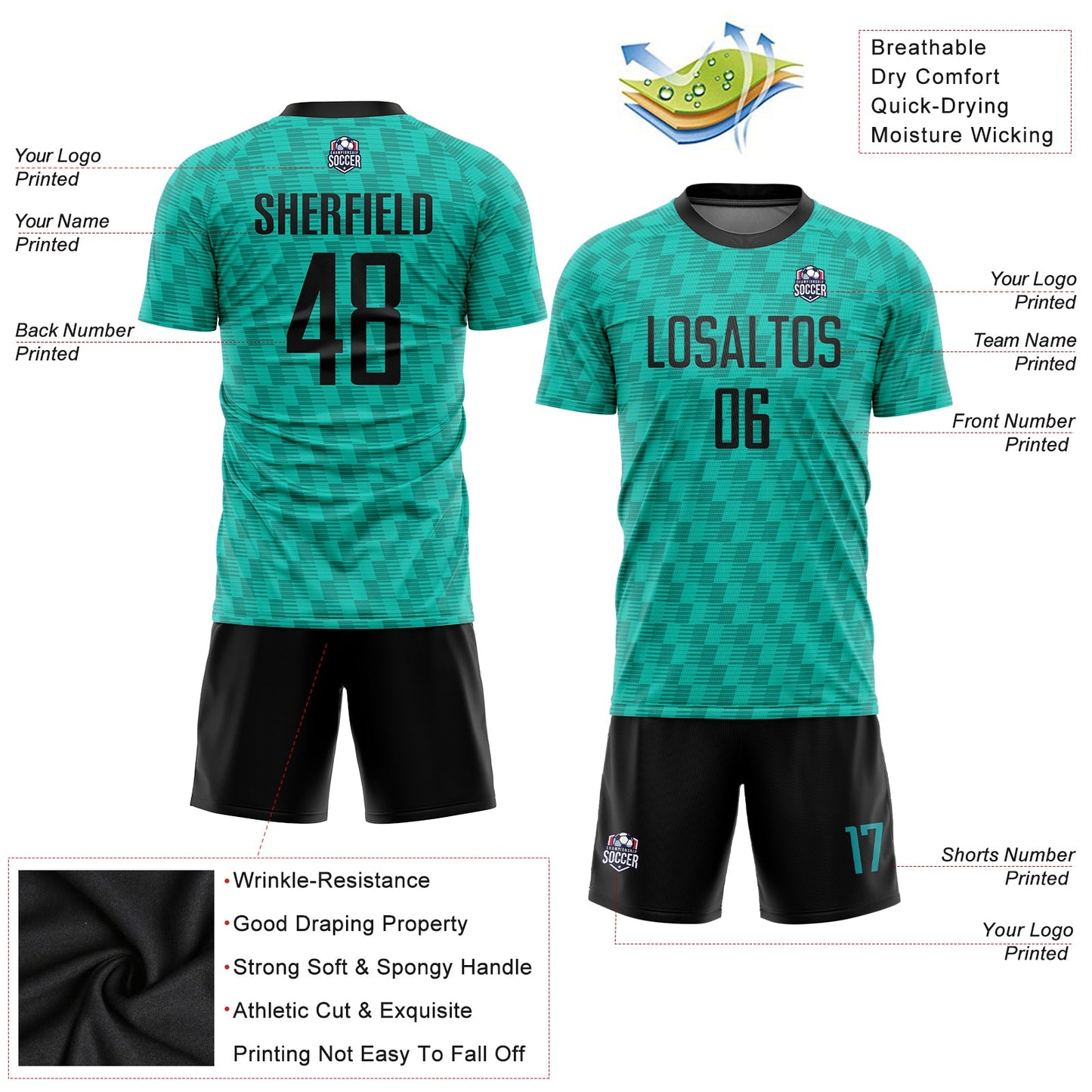 Custom Teal Black Sublimation Soccer Uniform Jersey view 5