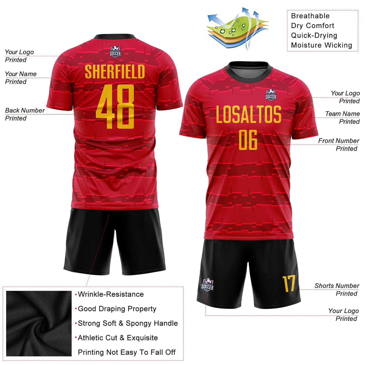Custom Red Gold-Black Sublimation Soccer Uniform Jersey view 3
