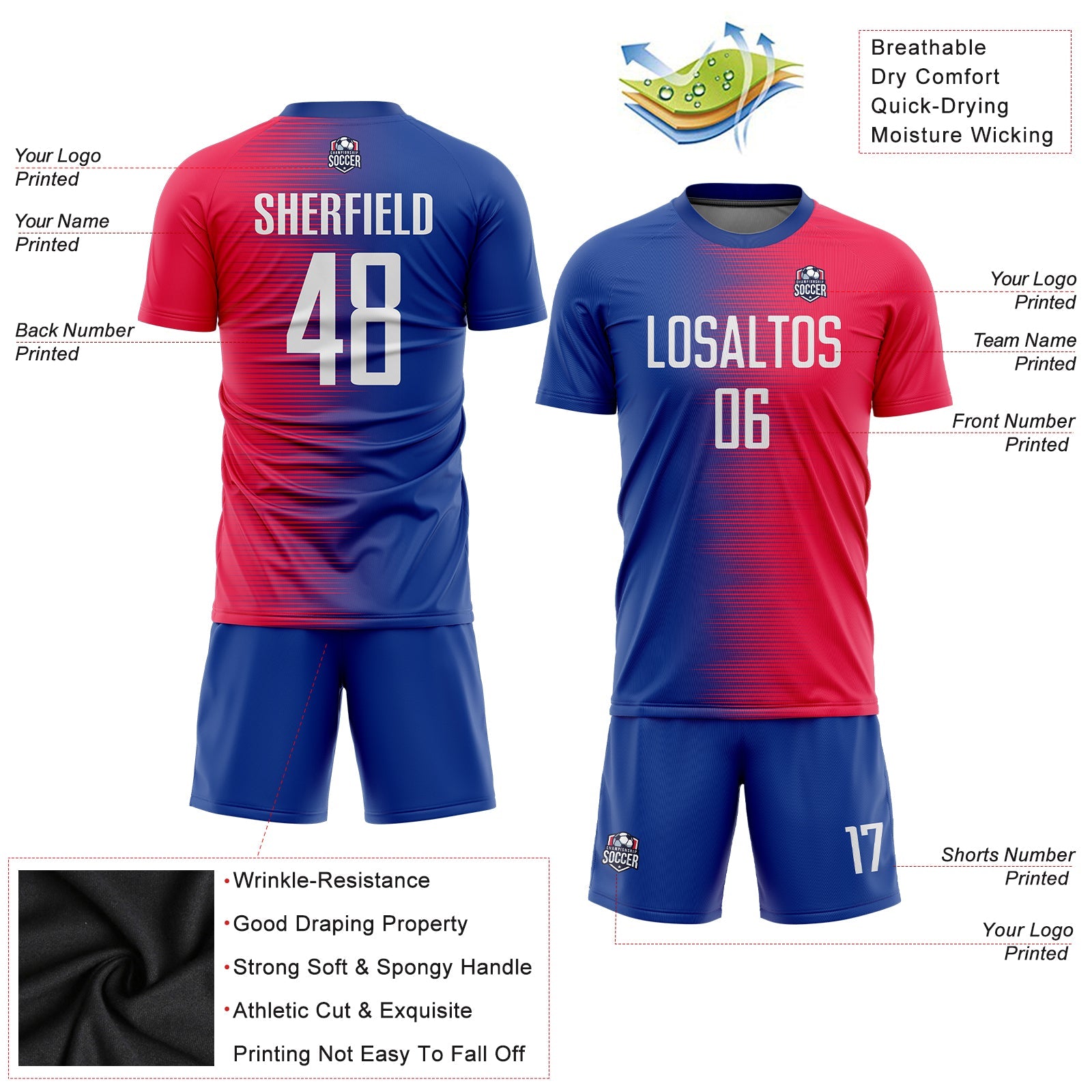Custom Red White-Royal Sublimation Soccer Uniform Jersey view 5