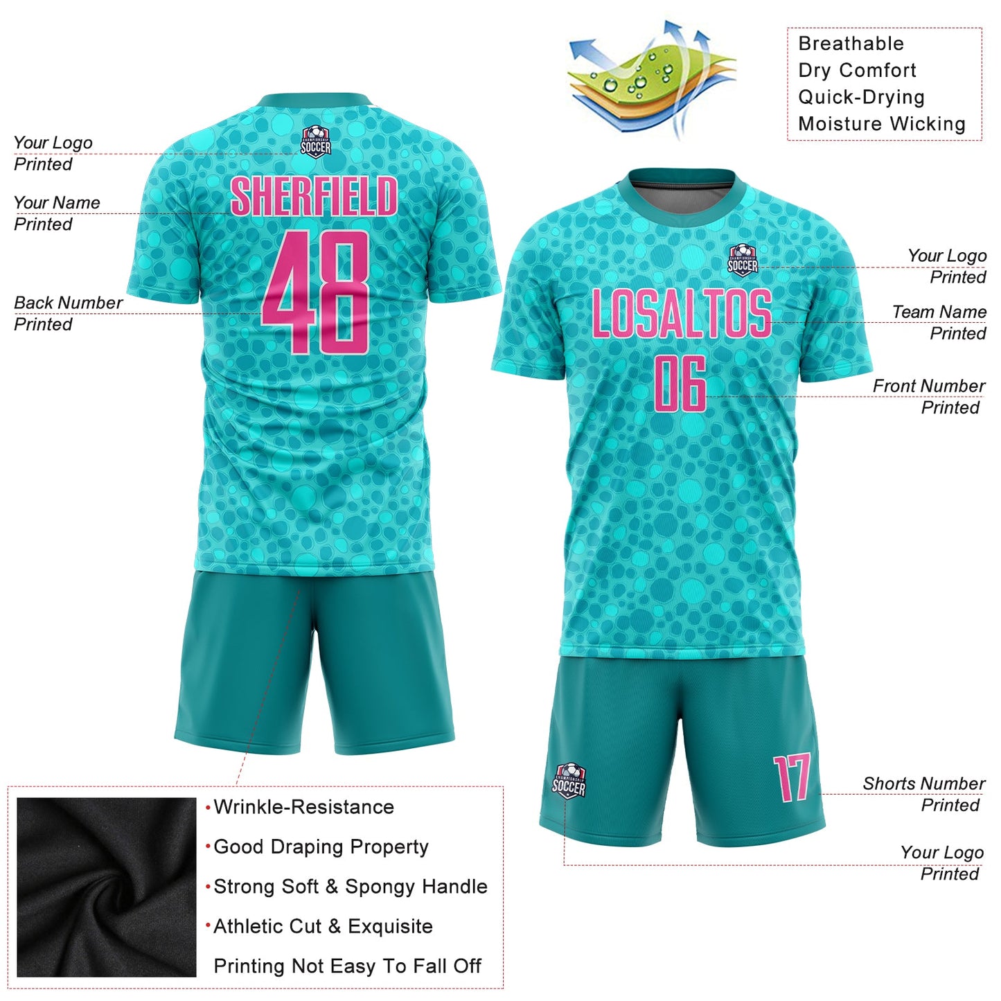 Custom Aqua Pink-White Sublimation Soccer Uniform Jersey view 5
