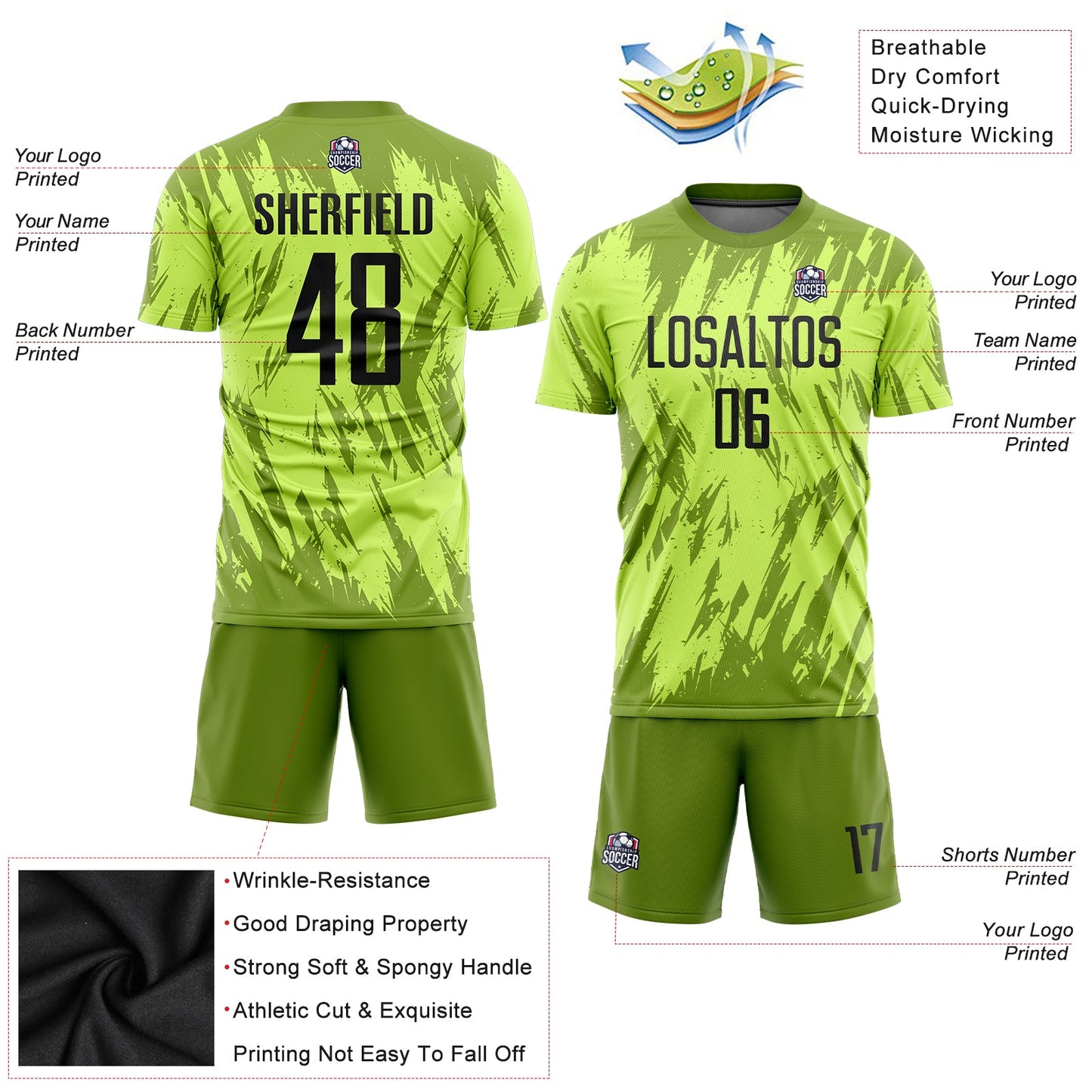 Custom Neon Green Black-Olive Sublimation Soccer Uniform Jersey view 3