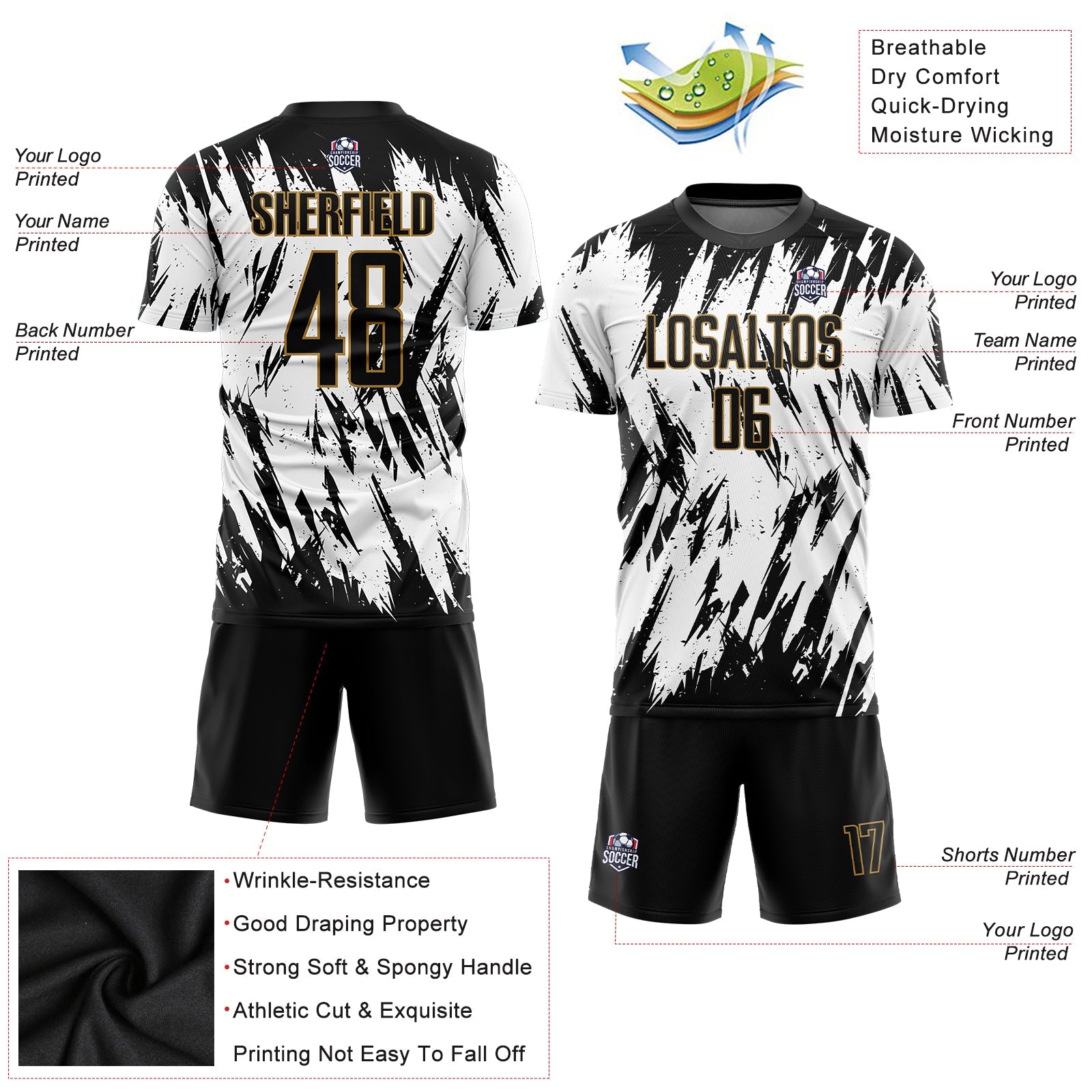 Custom White Black-Old Gold Sublimation Soccer Uniform Jersey view 5