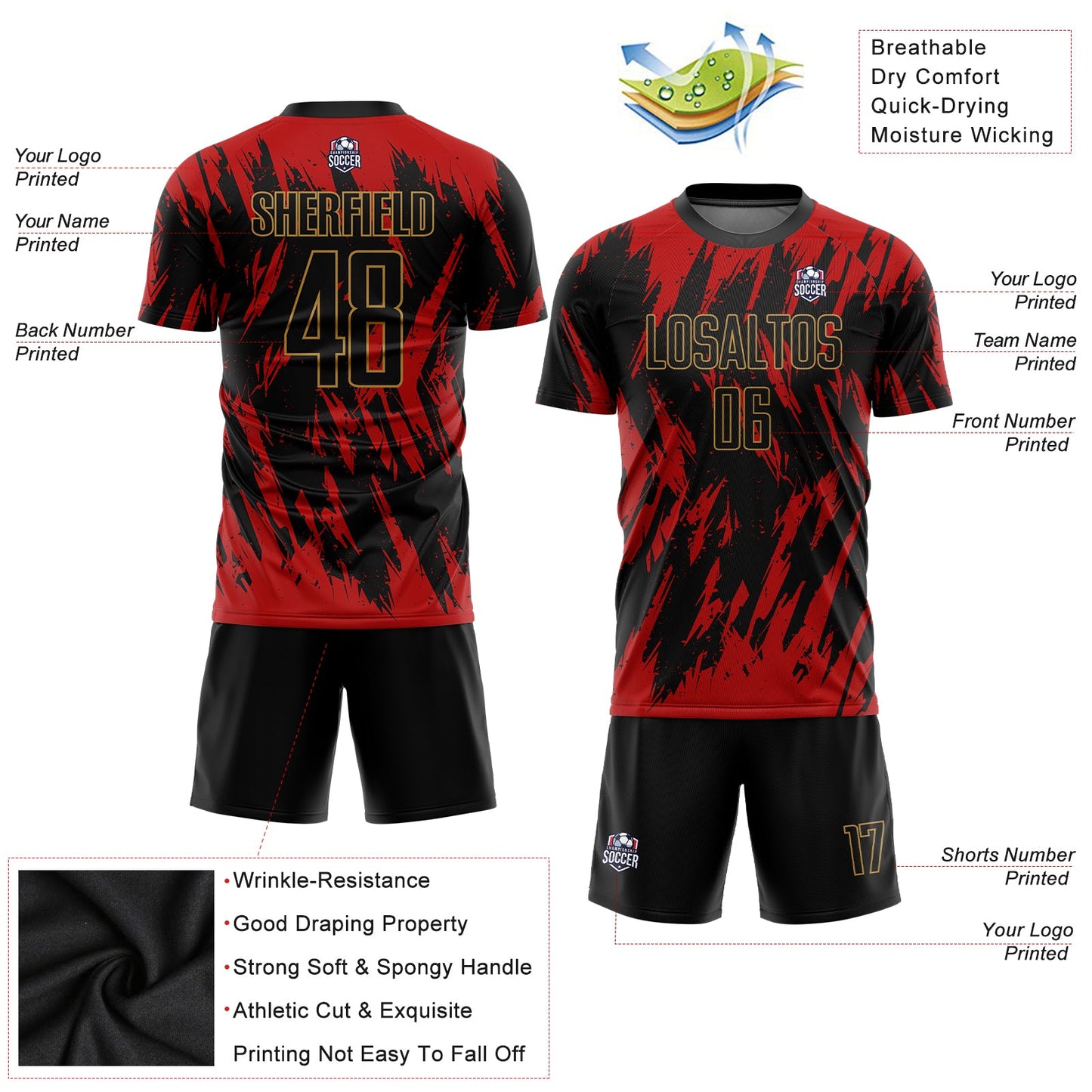 Custom Red Black-Old Gold Sublimation Soccer Uniform Jersey view 5