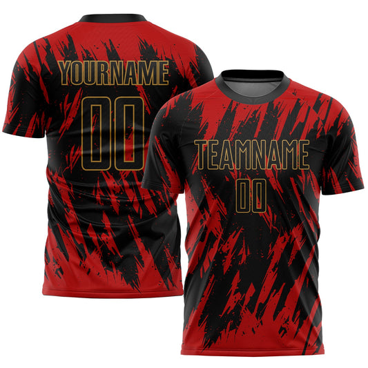 Custom Red Black-Old Gold Sublimation Soccer Uniform Jersey - Main View