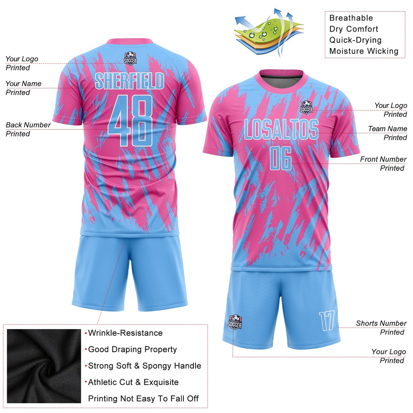 Custom Pink Light Blue-White Sublimation Soccer Uniform Jersey view 6
