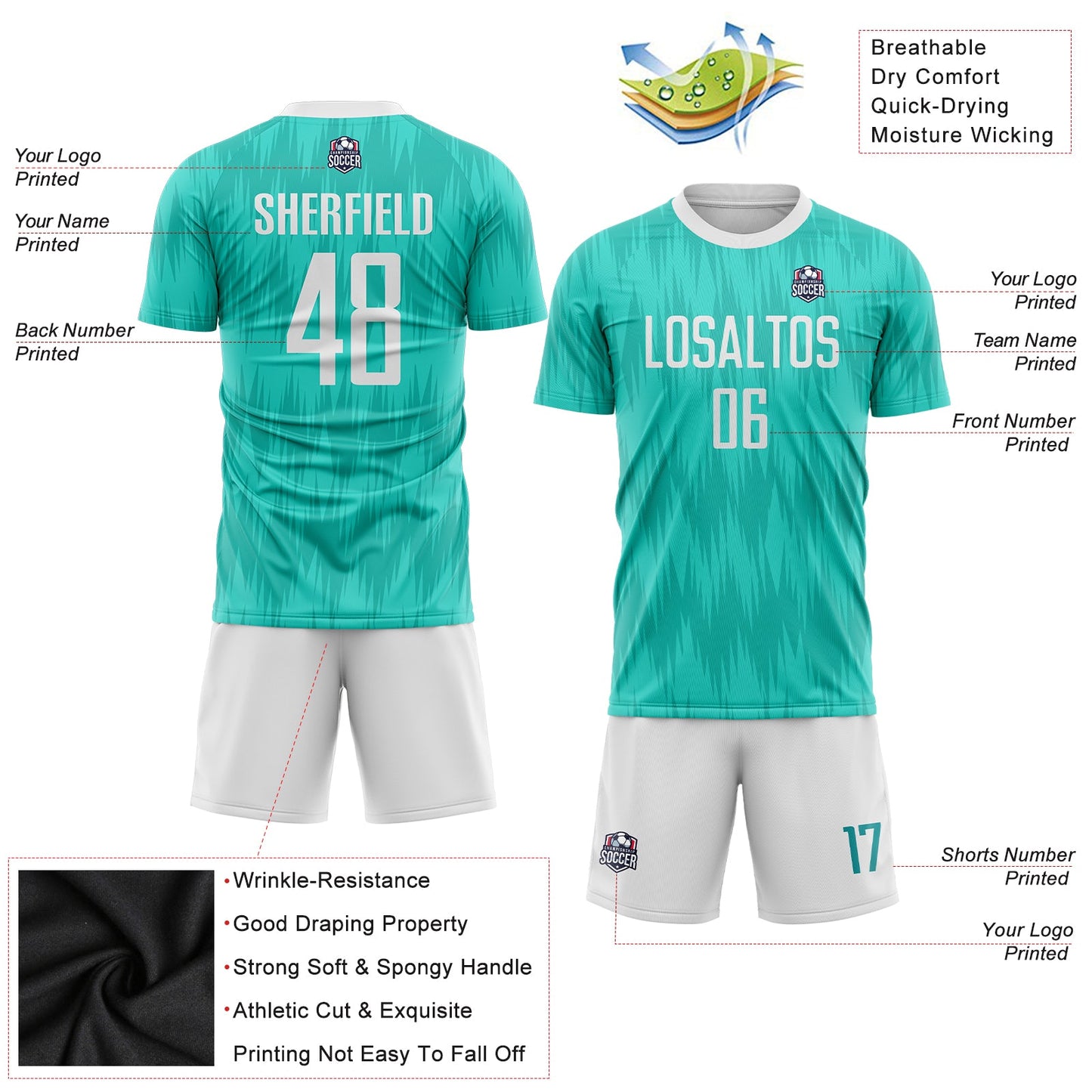 Custom Aqua White Sublimation Soccer Uniform Jersey view 6