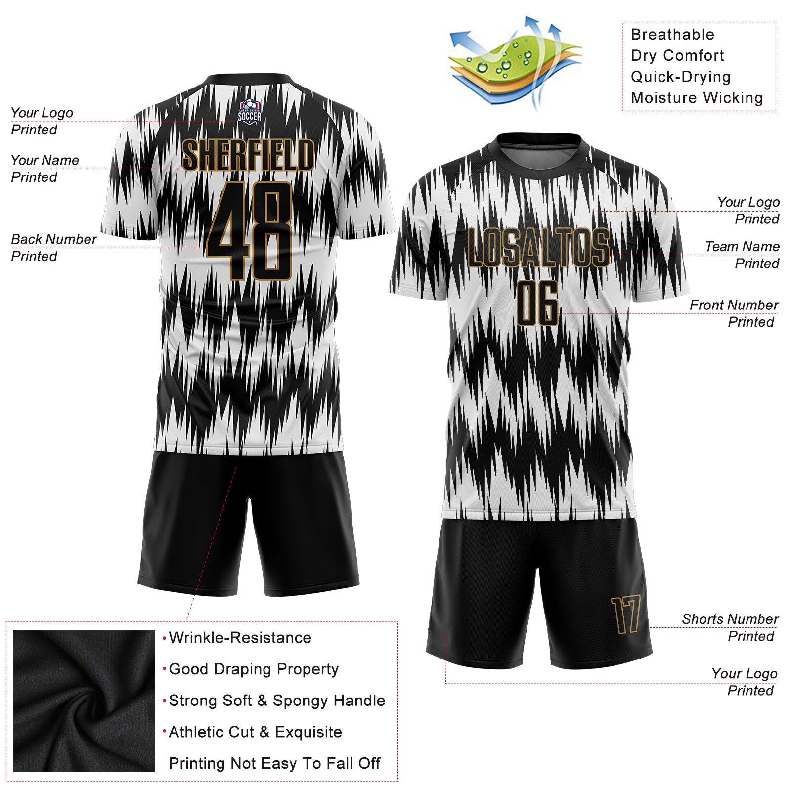 Custom White Black-Old Gold Sublimation Soccer Uniform Jersey view 3