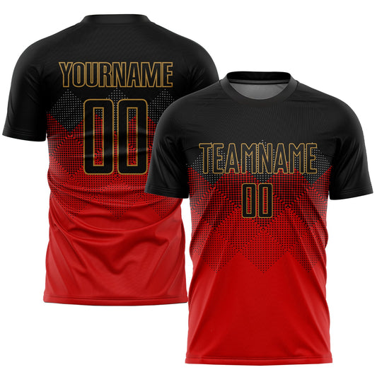 Custom Red Black-Old Gold Sublimation Soccer Uniform Jersey - Main View