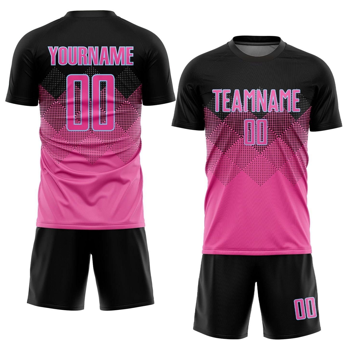 Custom Pink Black-LIght Blue Gradient Square Shape Sublimation Soccer Uniform Jersey view 2