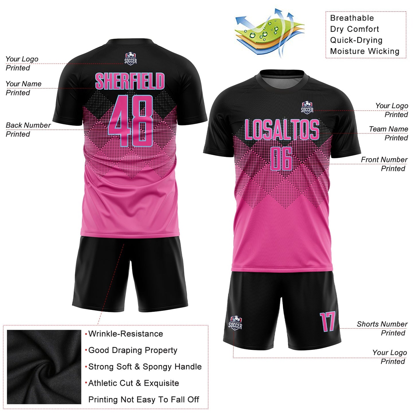 Custom Pink Black-LIght Blue Gradient Square Shape Sublimation Soccer Uniform Jersey view 5