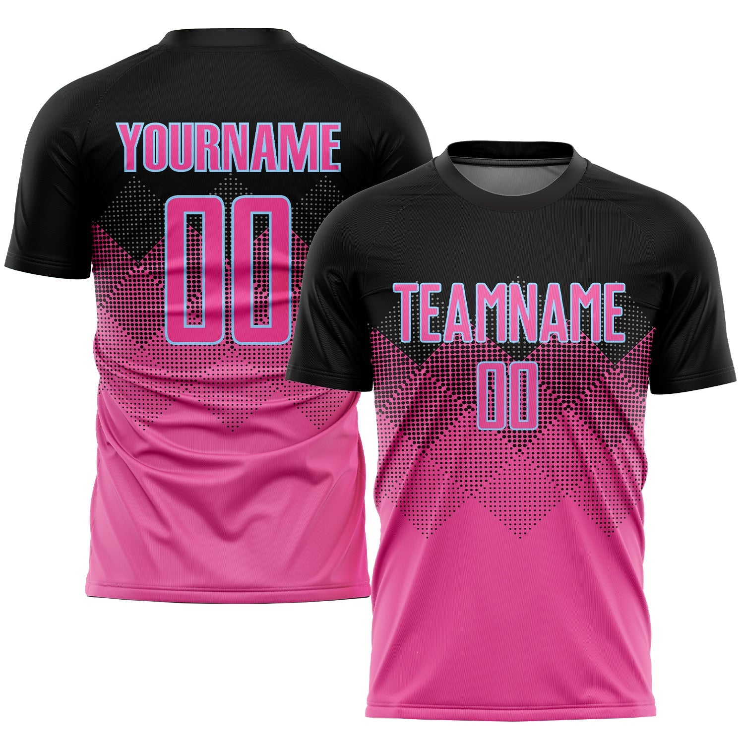 Custom Pink Black-LIght Blue Gradient Square Shape Sublimation Soccer Uniform Jersey - Main View