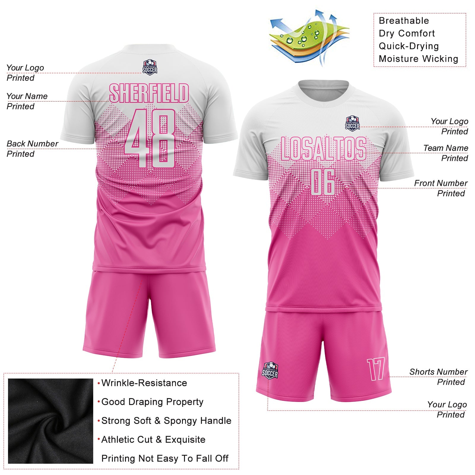 Custom Pink White Sublimation Soccer Uniform Jersey view 6