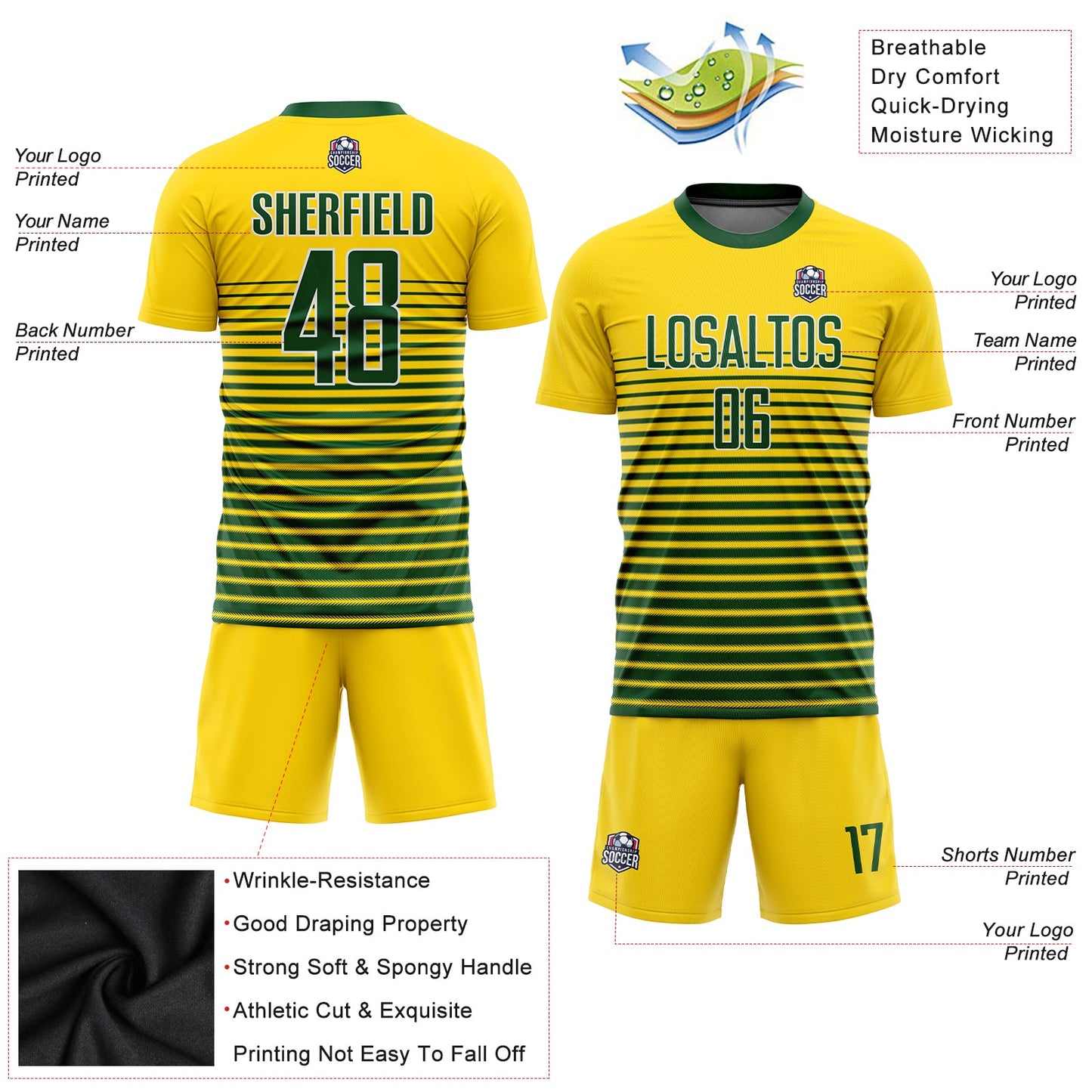 Custom Gold Green-White Sublimation Soccer Uniform Jersey view 3